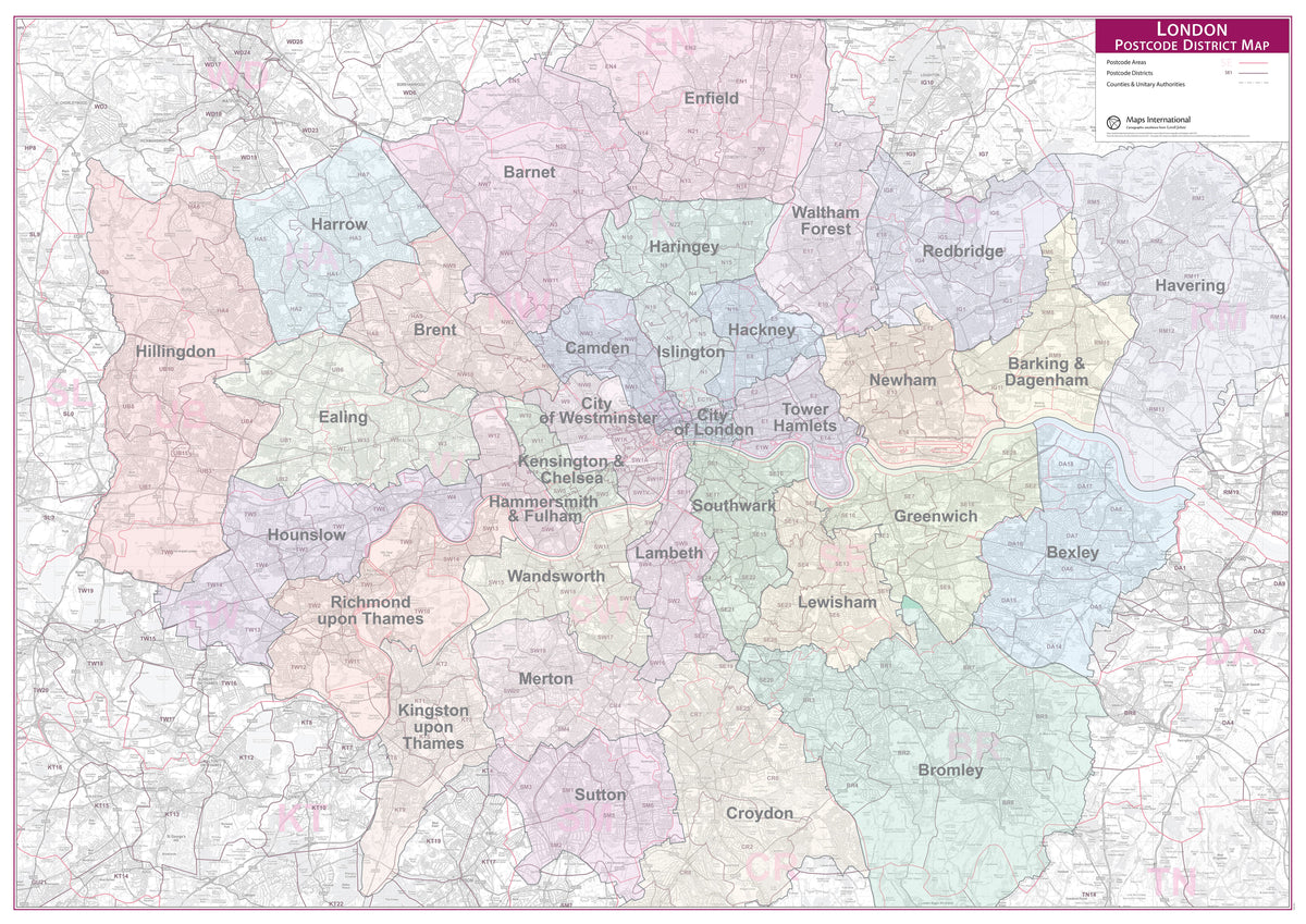UK01834_L_CANRL - Large London Postcode District with Authority Boroughs Wall Map - within M25