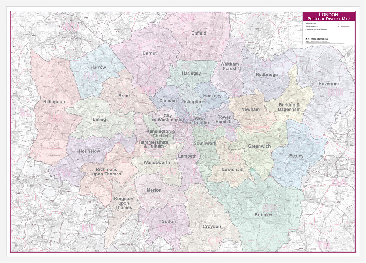 UK01834_L_WDWHI - Large London Postcode District with Authority Boroughs Wall Map - within M25