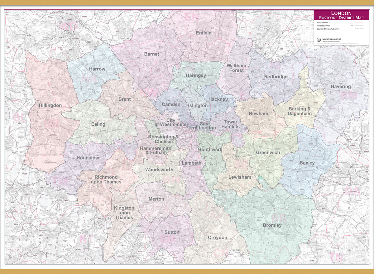 UK01834_L_LWDHB - Large London Postcode District with Authority Boroughs Wall Map - within M25