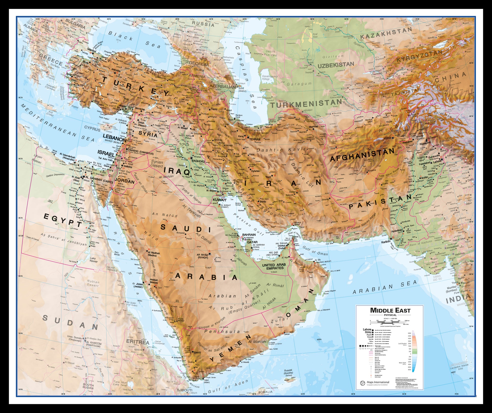 Middle East Wall Map Physical Black Frame Pinbl