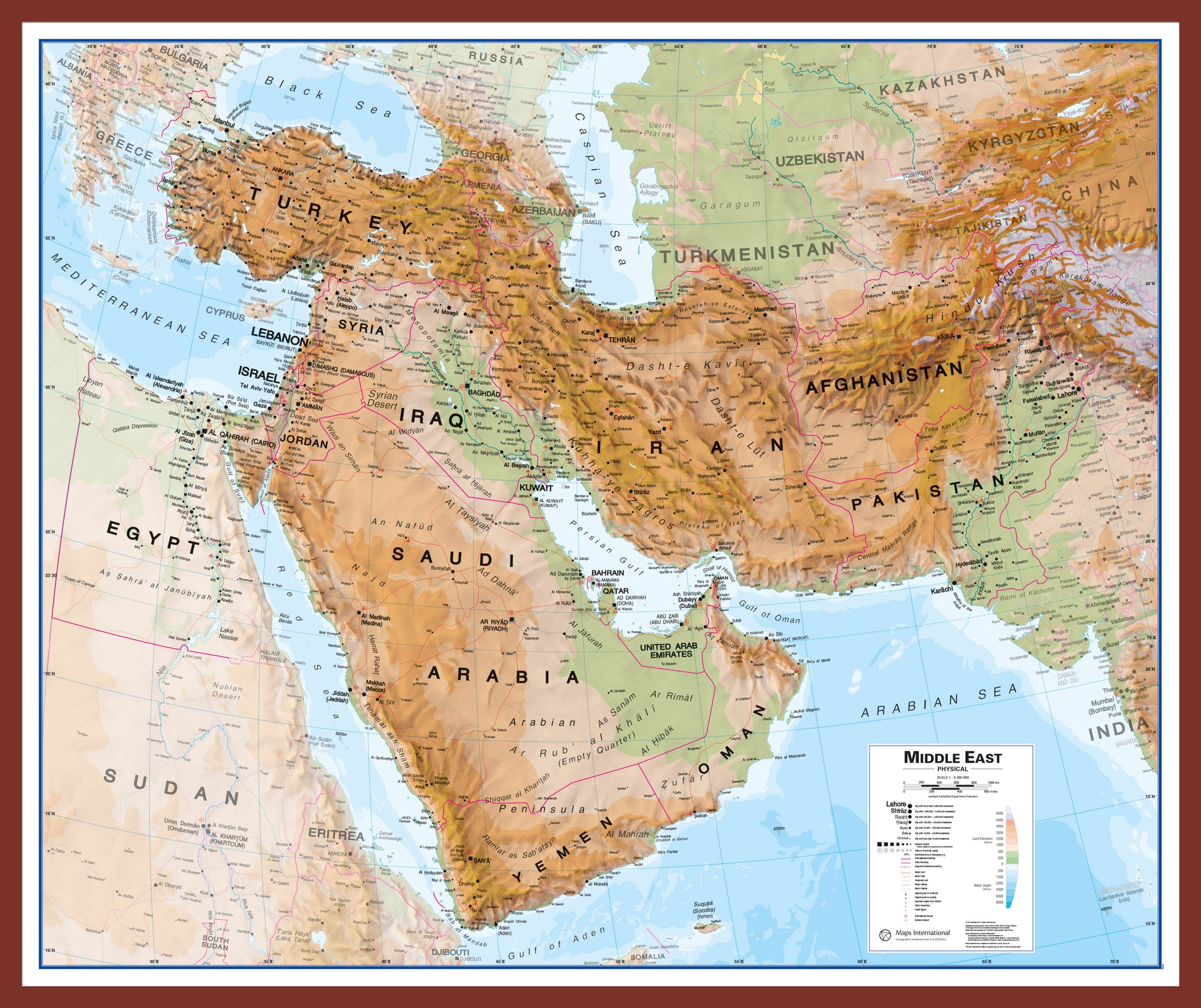 Middle East Wall Map Physical Oak Frame Pinok