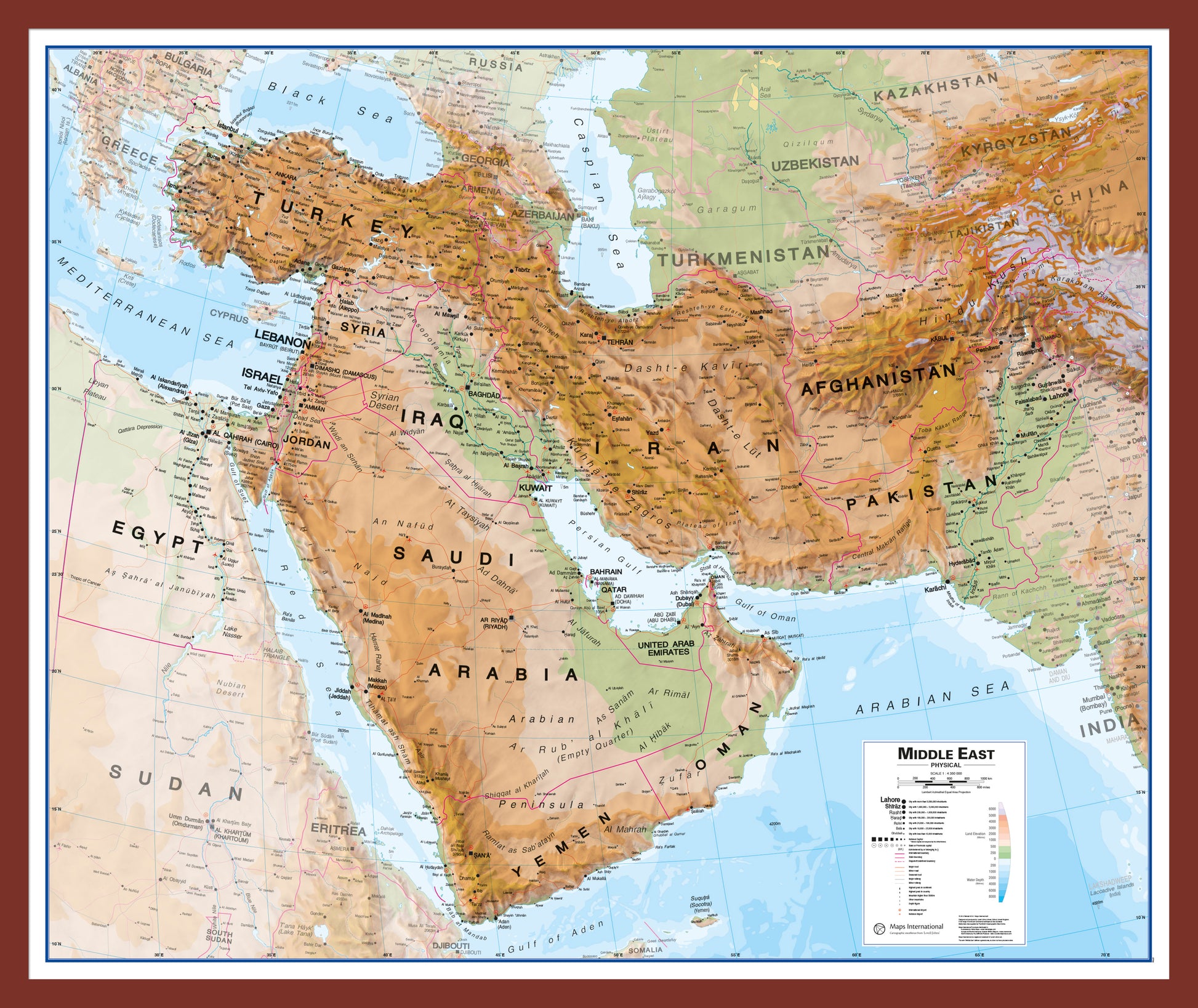 Middle East Wall Map Physical Oak Frame Pinok