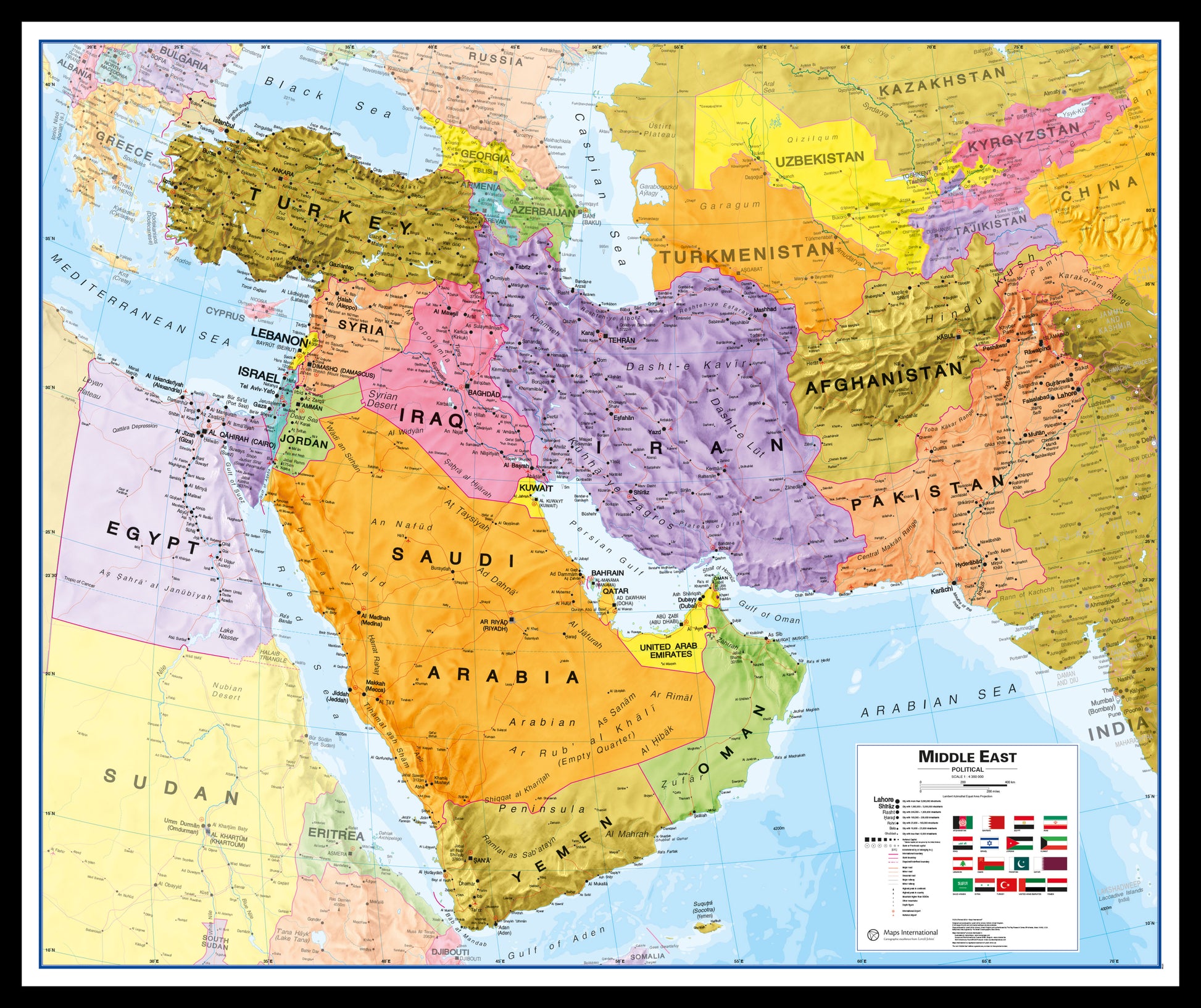Middle East Wall Map Political Black Frame Pinbl