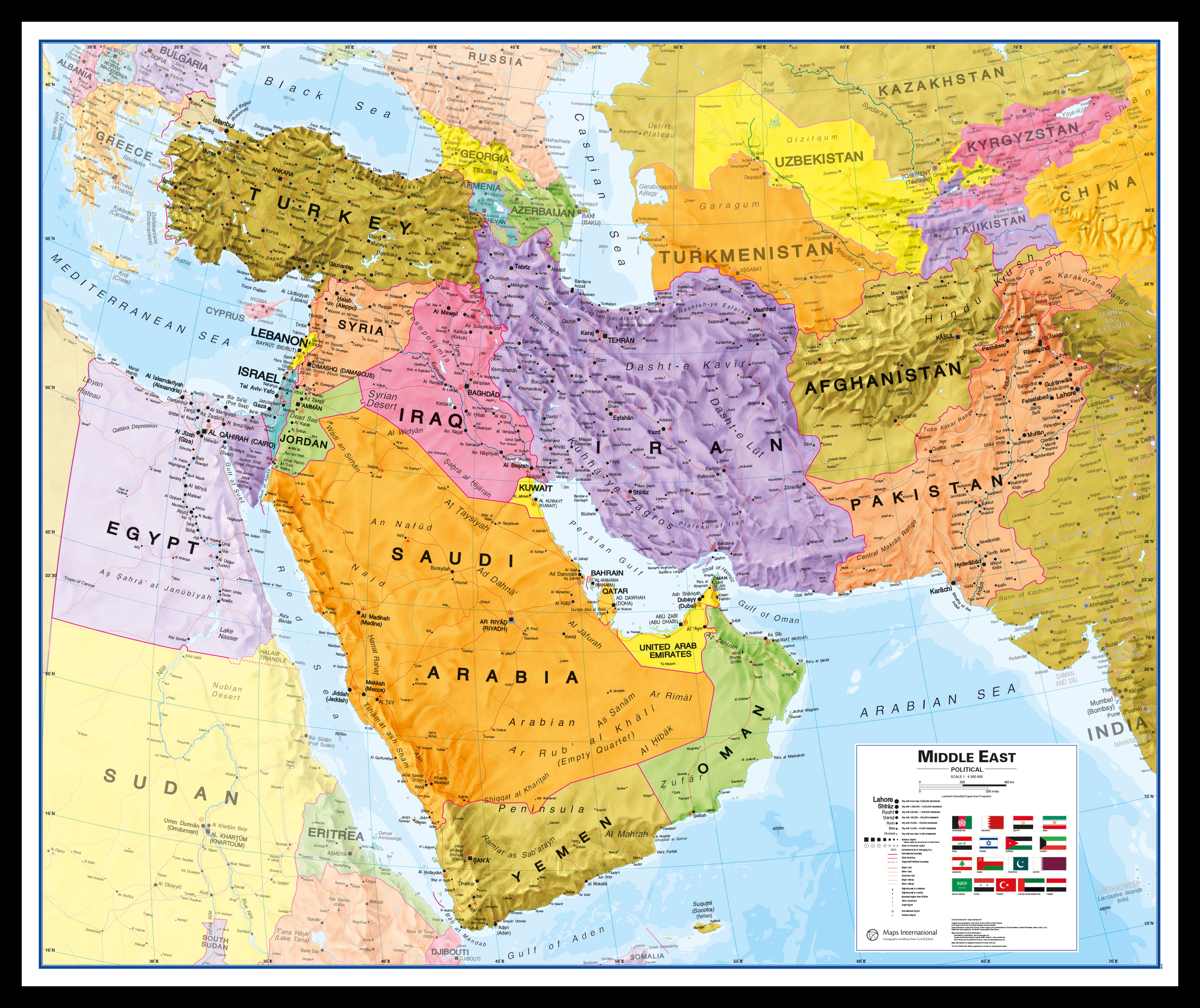 Middle East Wall Map Political Black Frame Pinbl