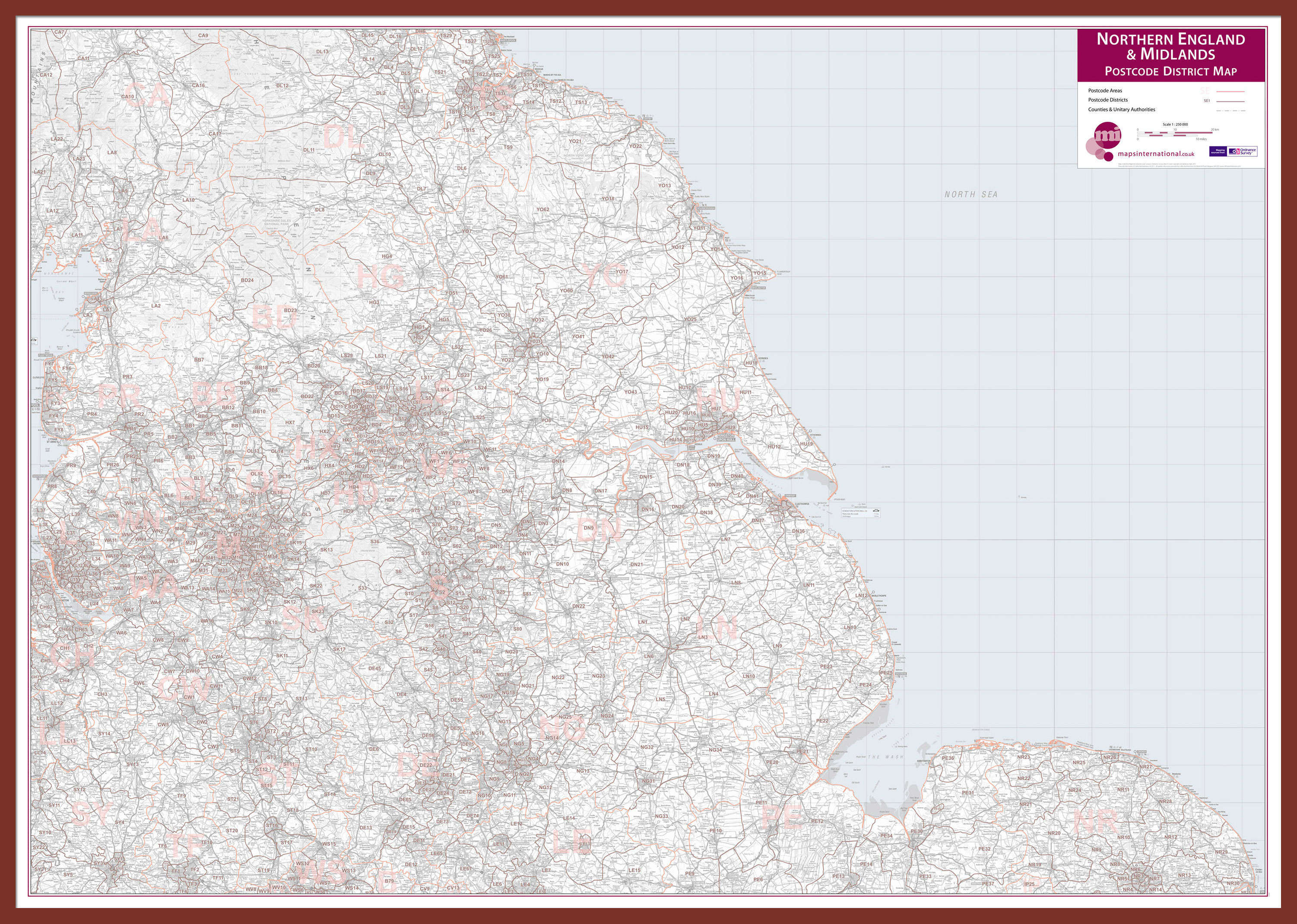 UK00035_L_LBDOK - Northern England and the Midlands Postcode District Map