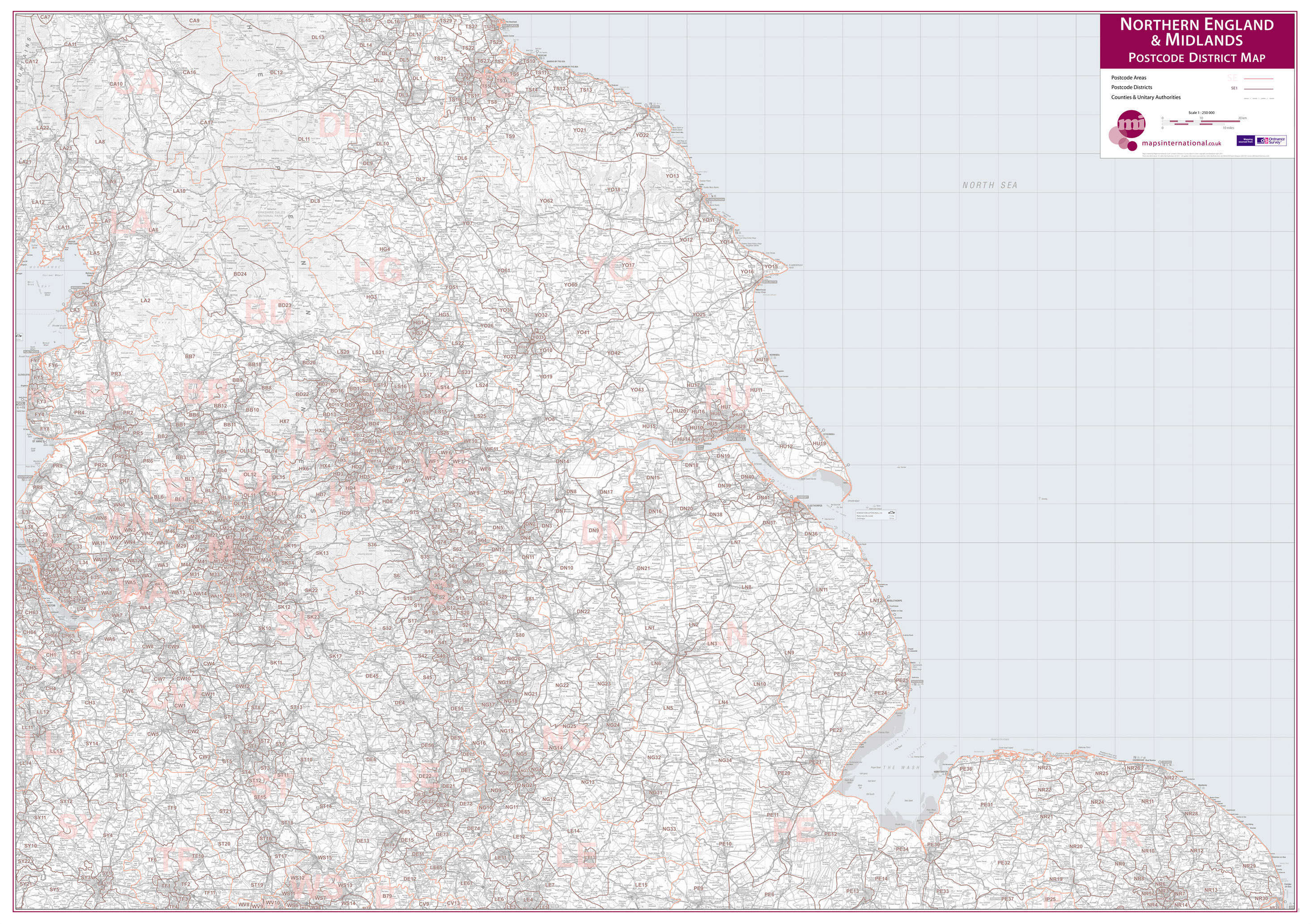 UK00035_L_PAPER - Northern England and the Midlands Postcode District Map