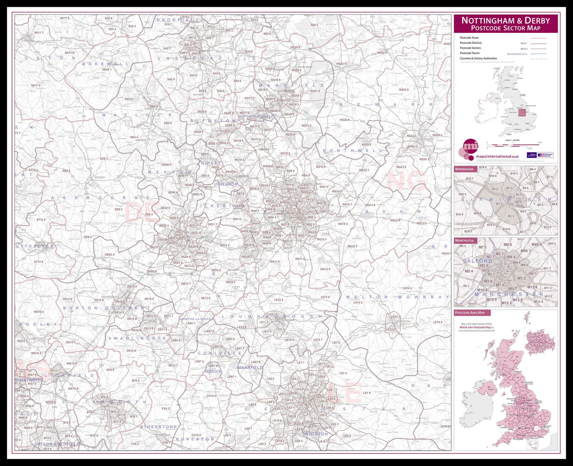 UK00781_L_LBDBL - Nottingham and Derby Postcode Sector Map