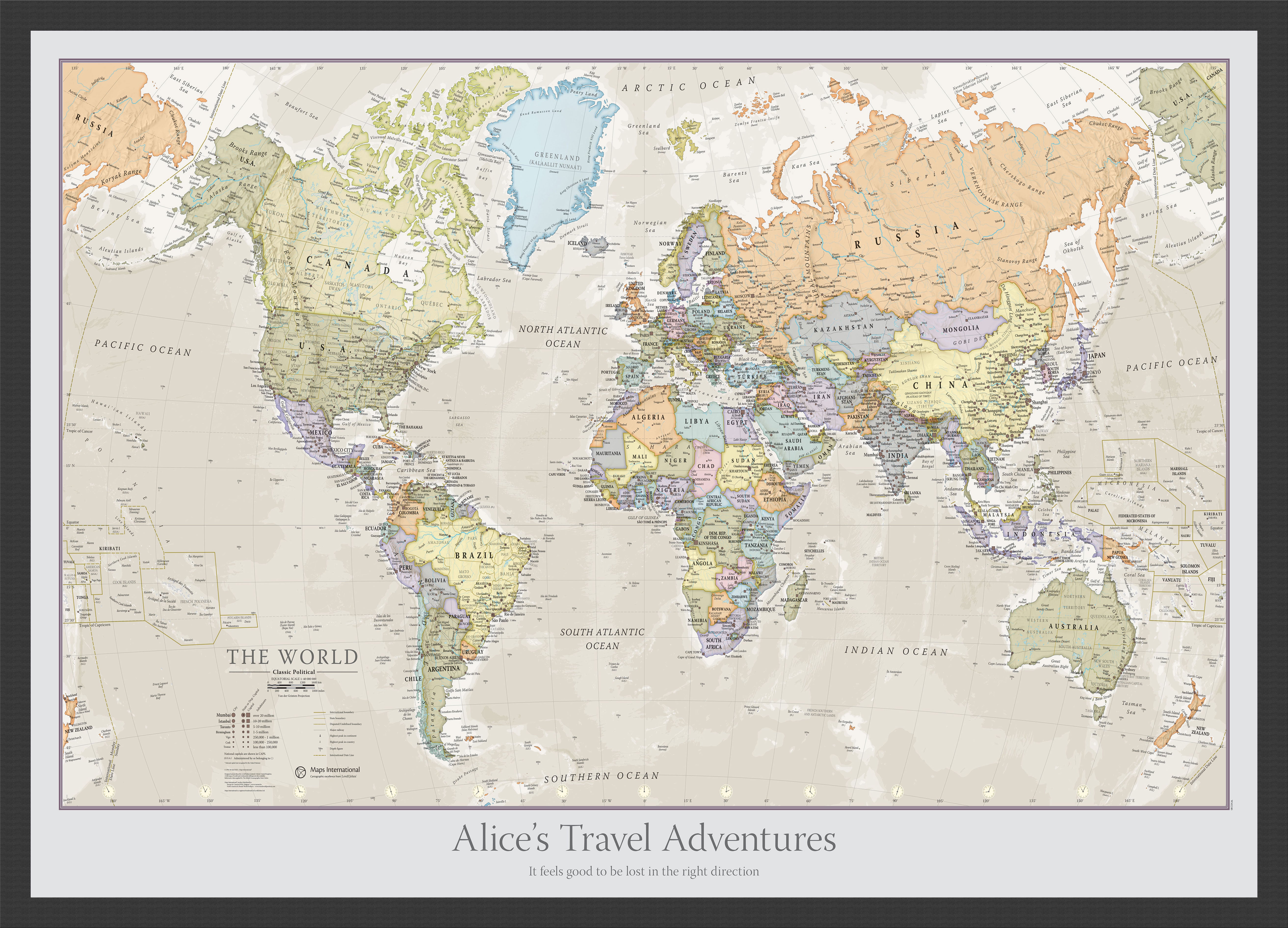 Personalised Classic World Map Black Frame Wdbla