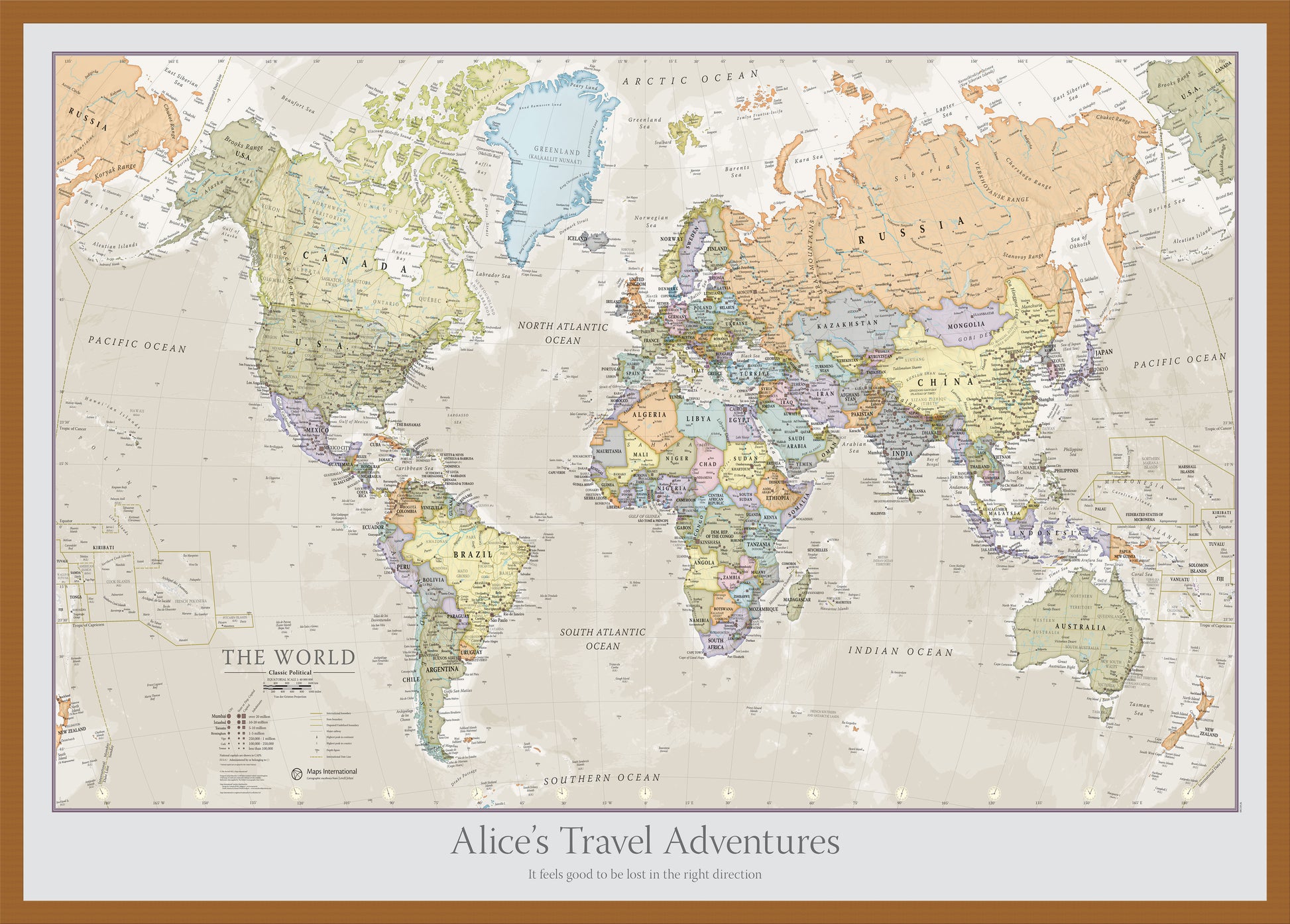 Personalised Classic World Map Teak Frame Wdtea