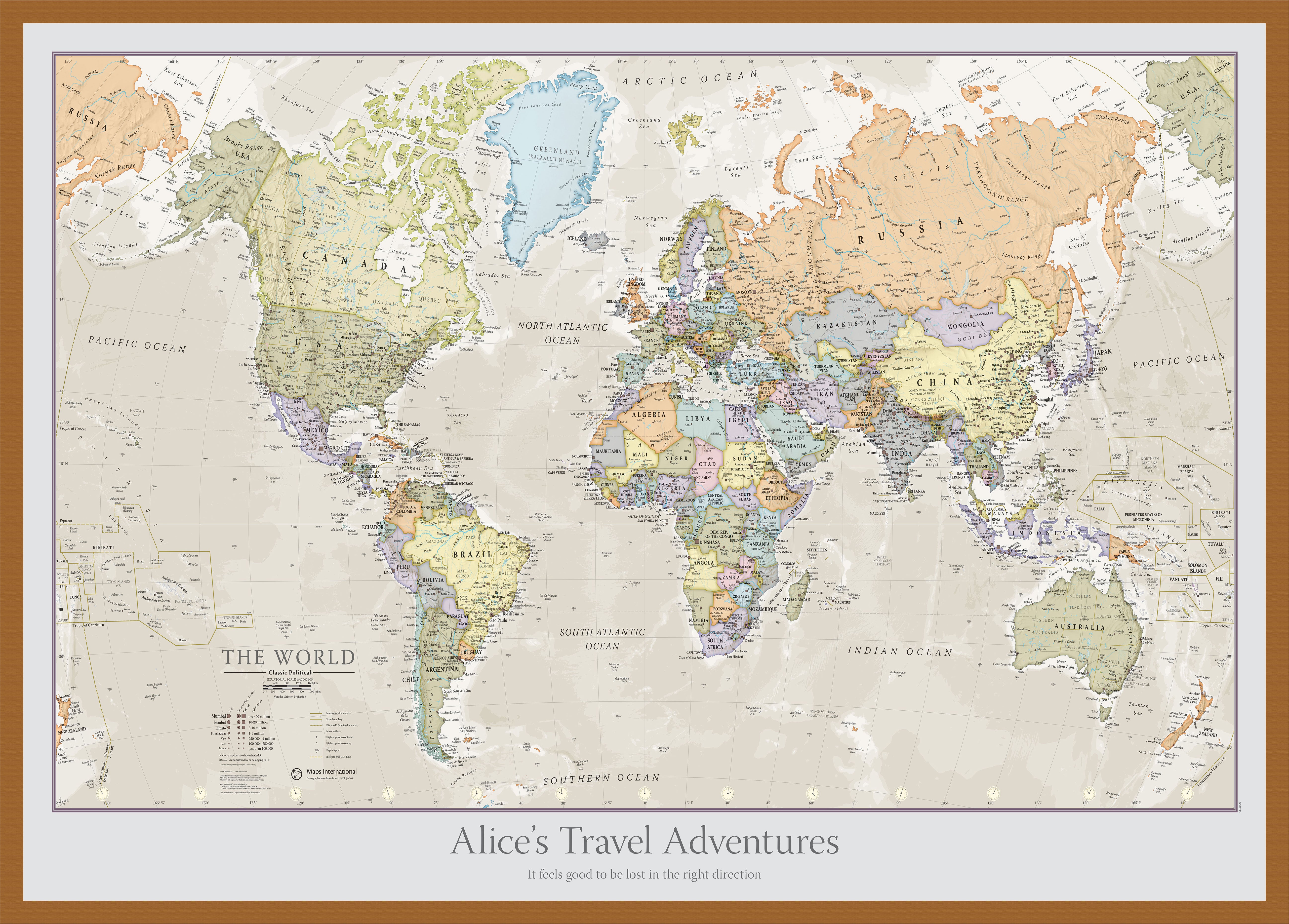 Personalised Classic World Map Teak Frame Wdtea