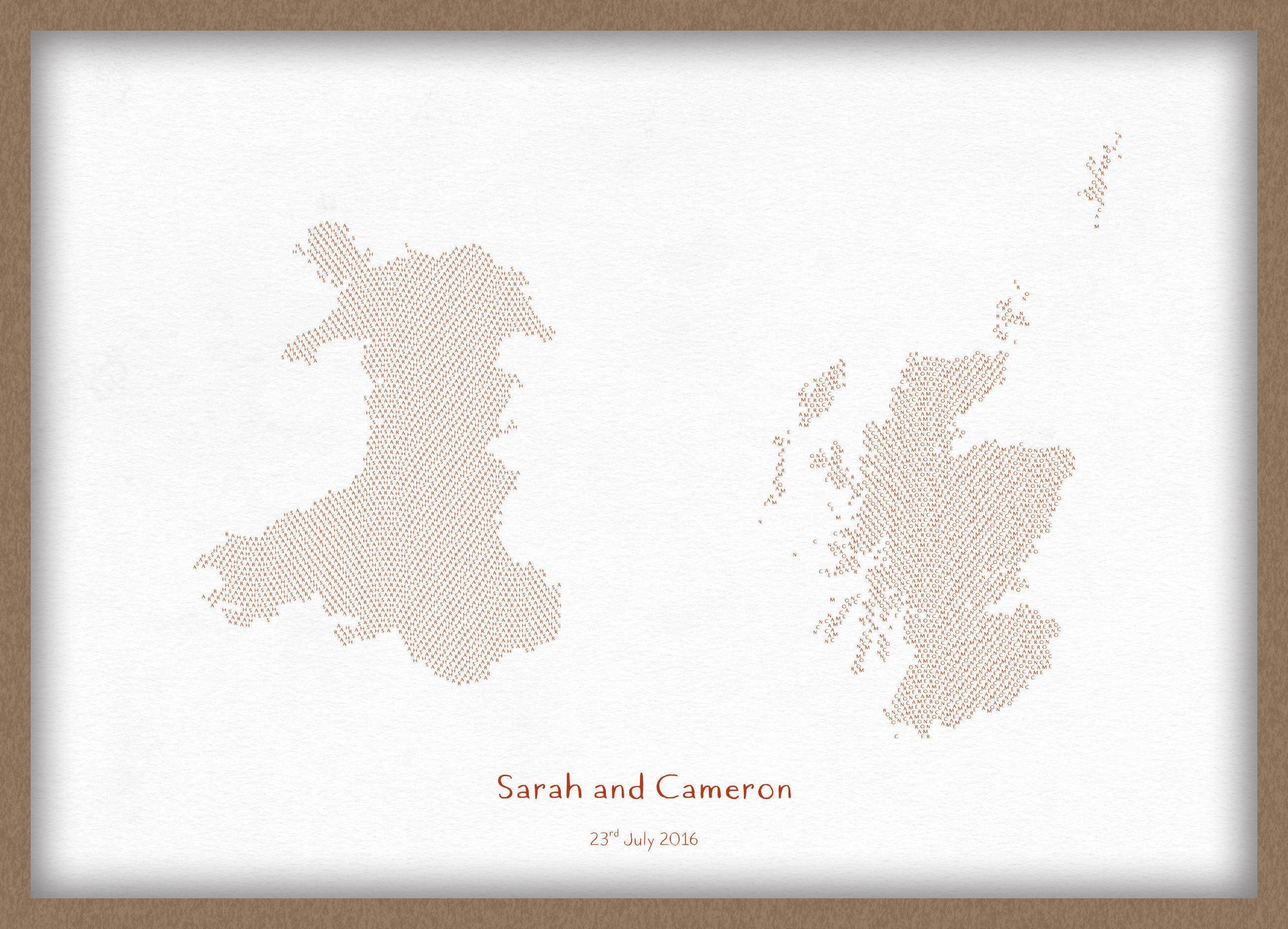 PS01602_3_WDOAK - Personalised Country Name Text Map Print - Burnt Orange