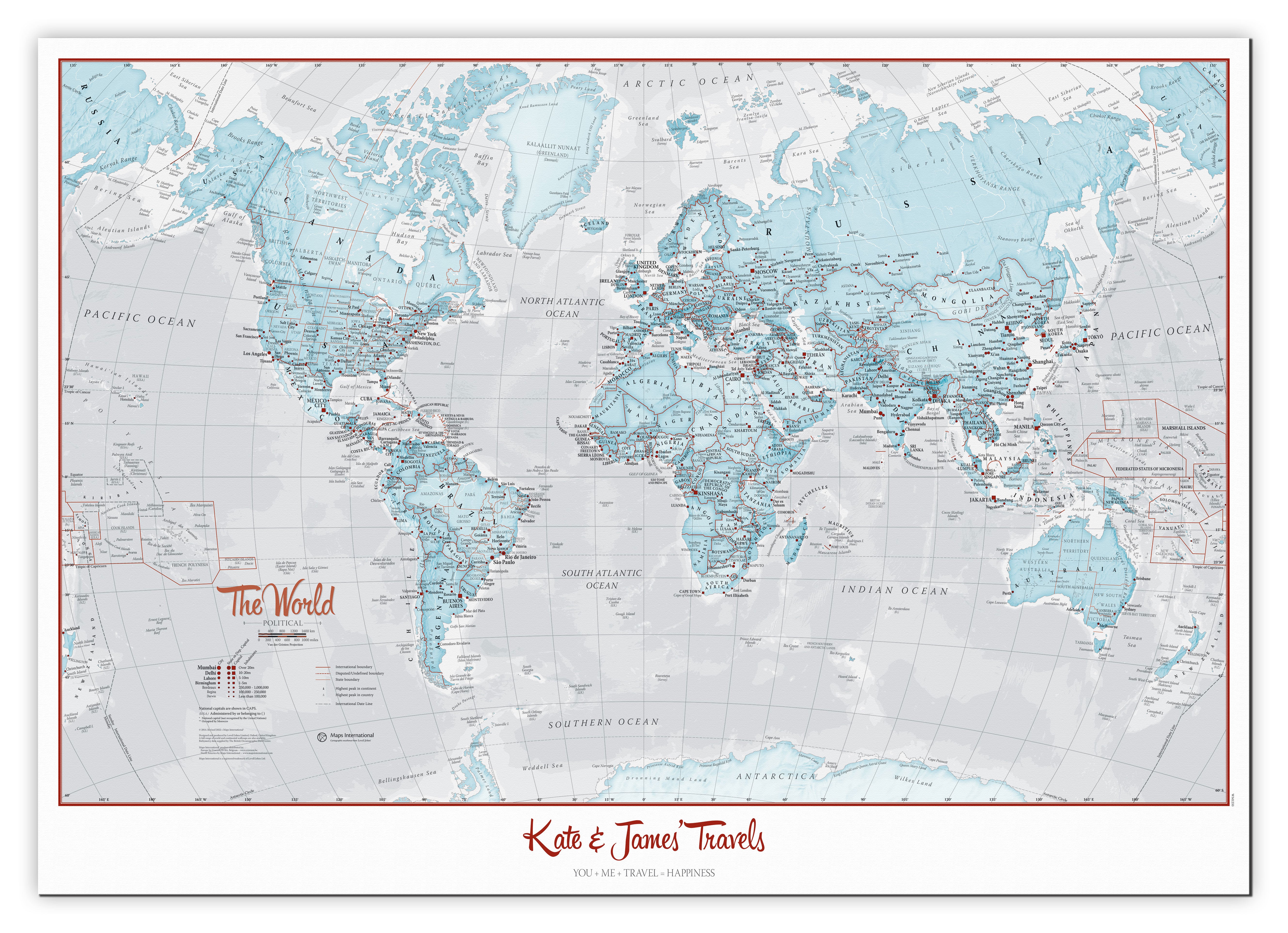 Personalised World Is Art Wall Map Aqua Canvas Canva