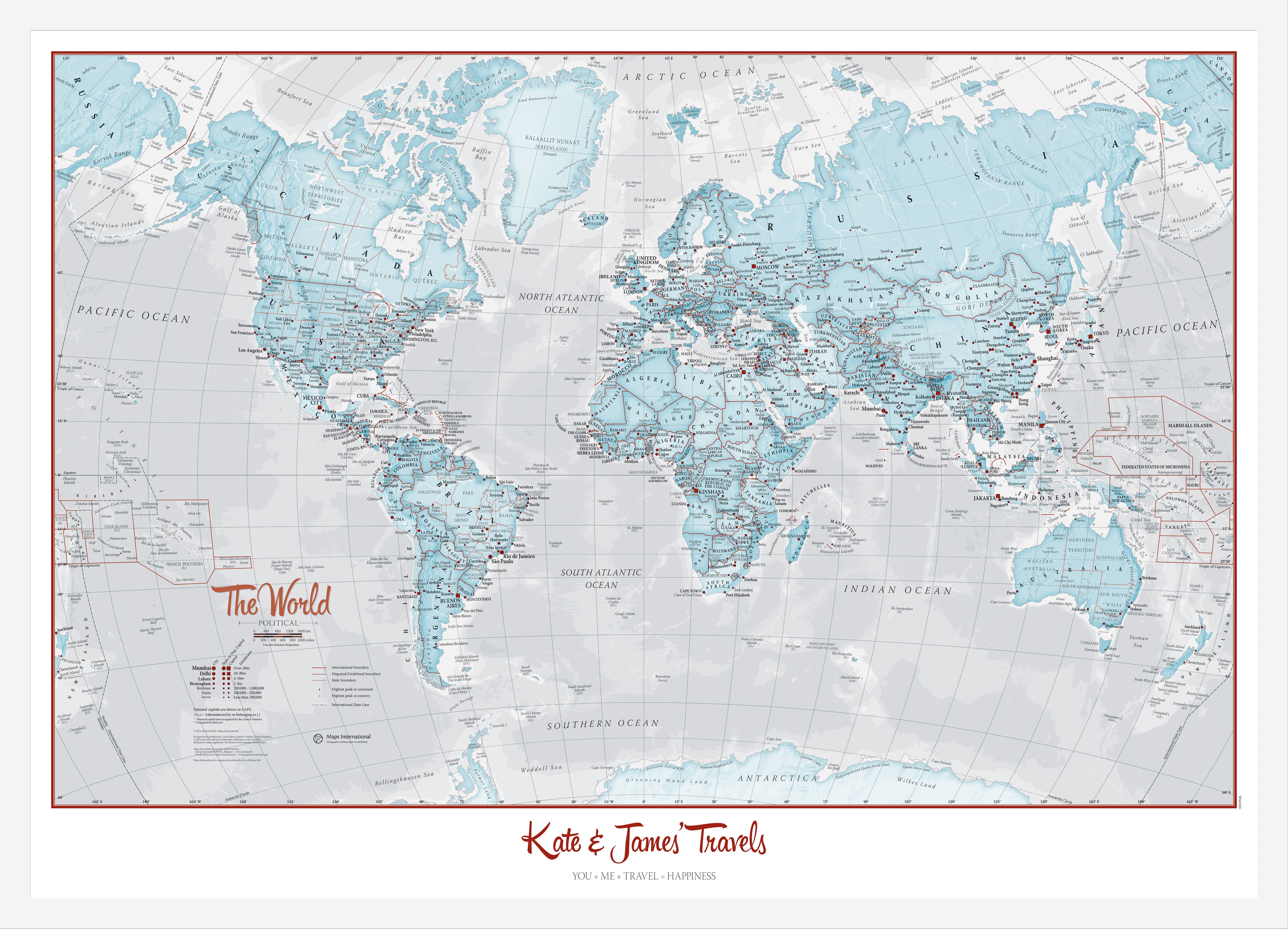 Personalised World Is Art Wall Map Aqua White Frame