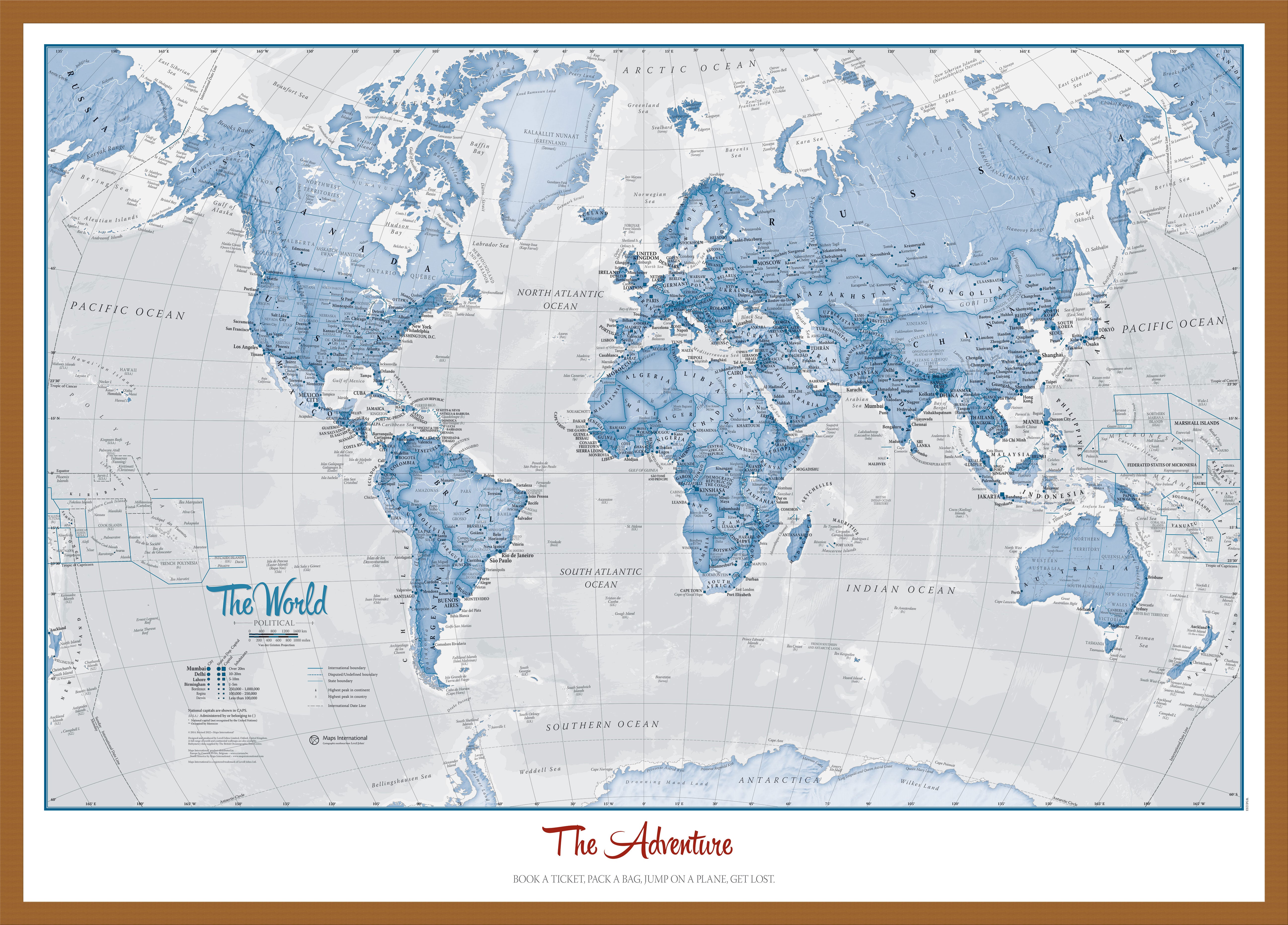 Personalised World Is Art Wall Map Blue Teak Frame Wdtea