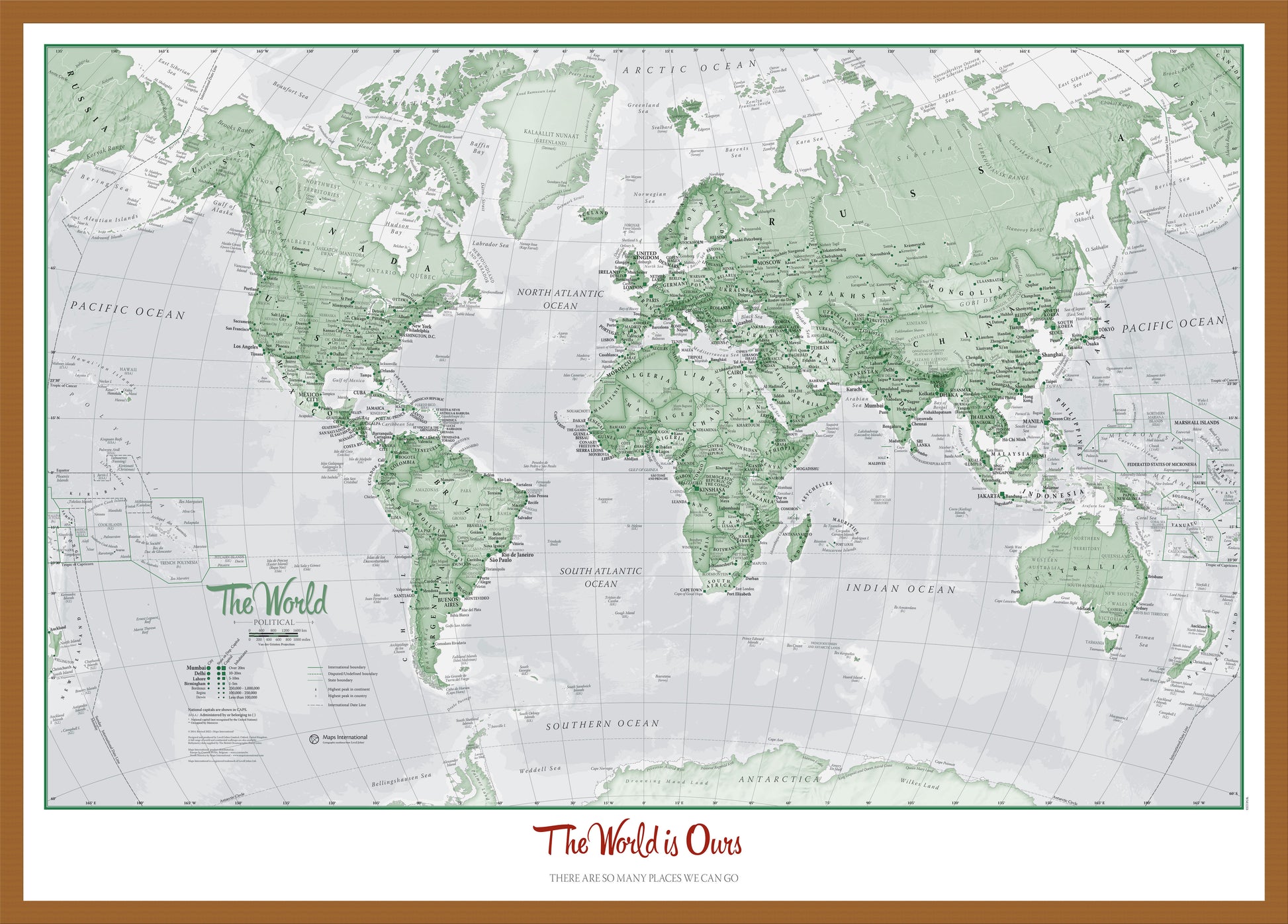 Personalised World Is Art Wall Map Green Teak Frame Wdtea