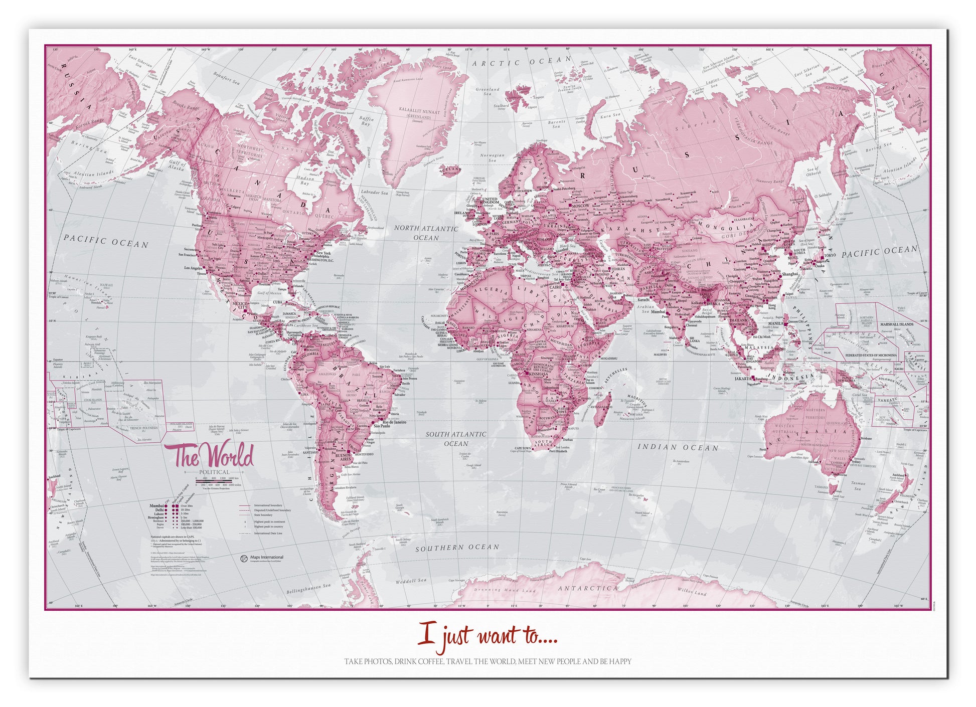 Personalised World Is Art Wall Map Pink Canvas Canva