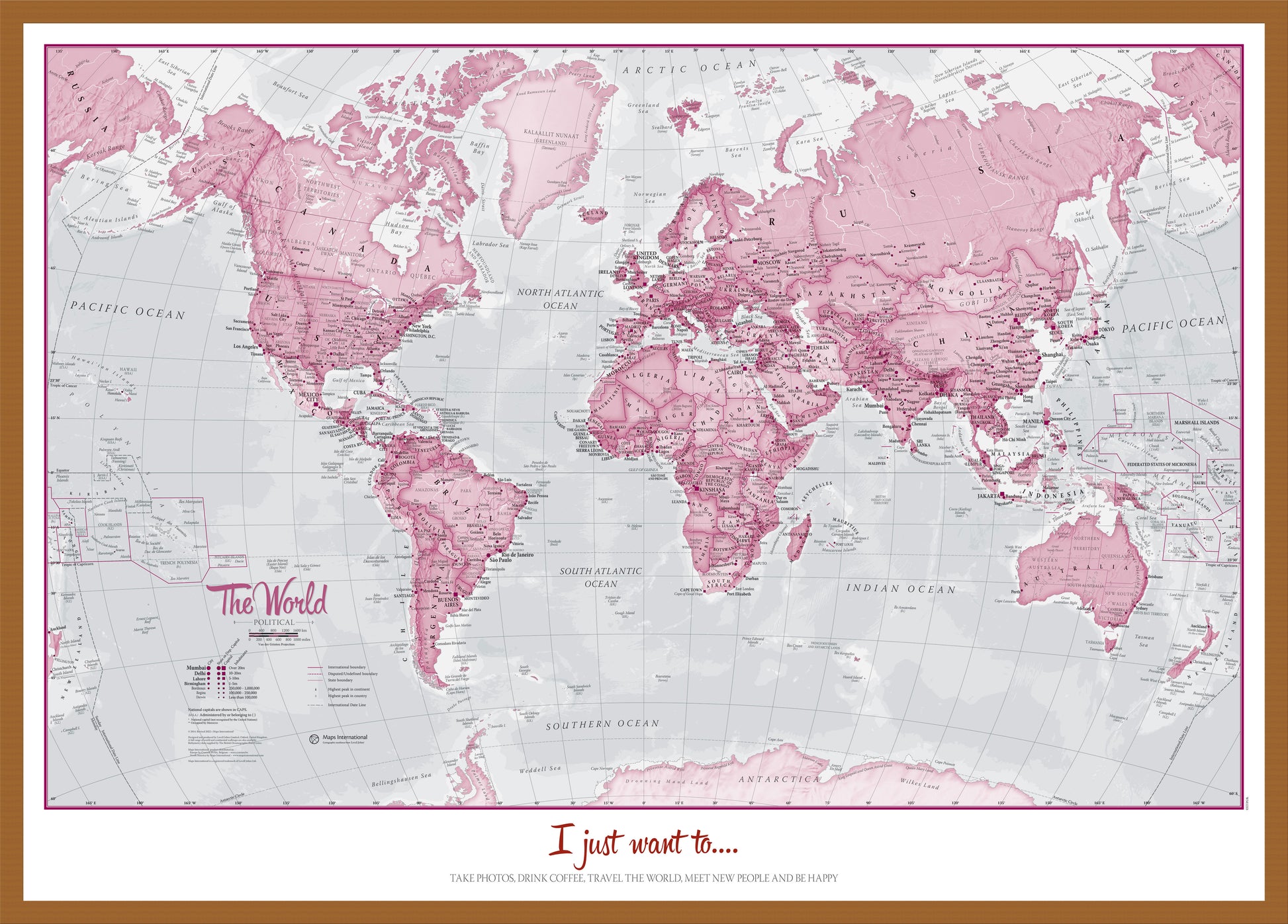 Personalised World Is Art Wall Map Pink Teak Frame Wdtea