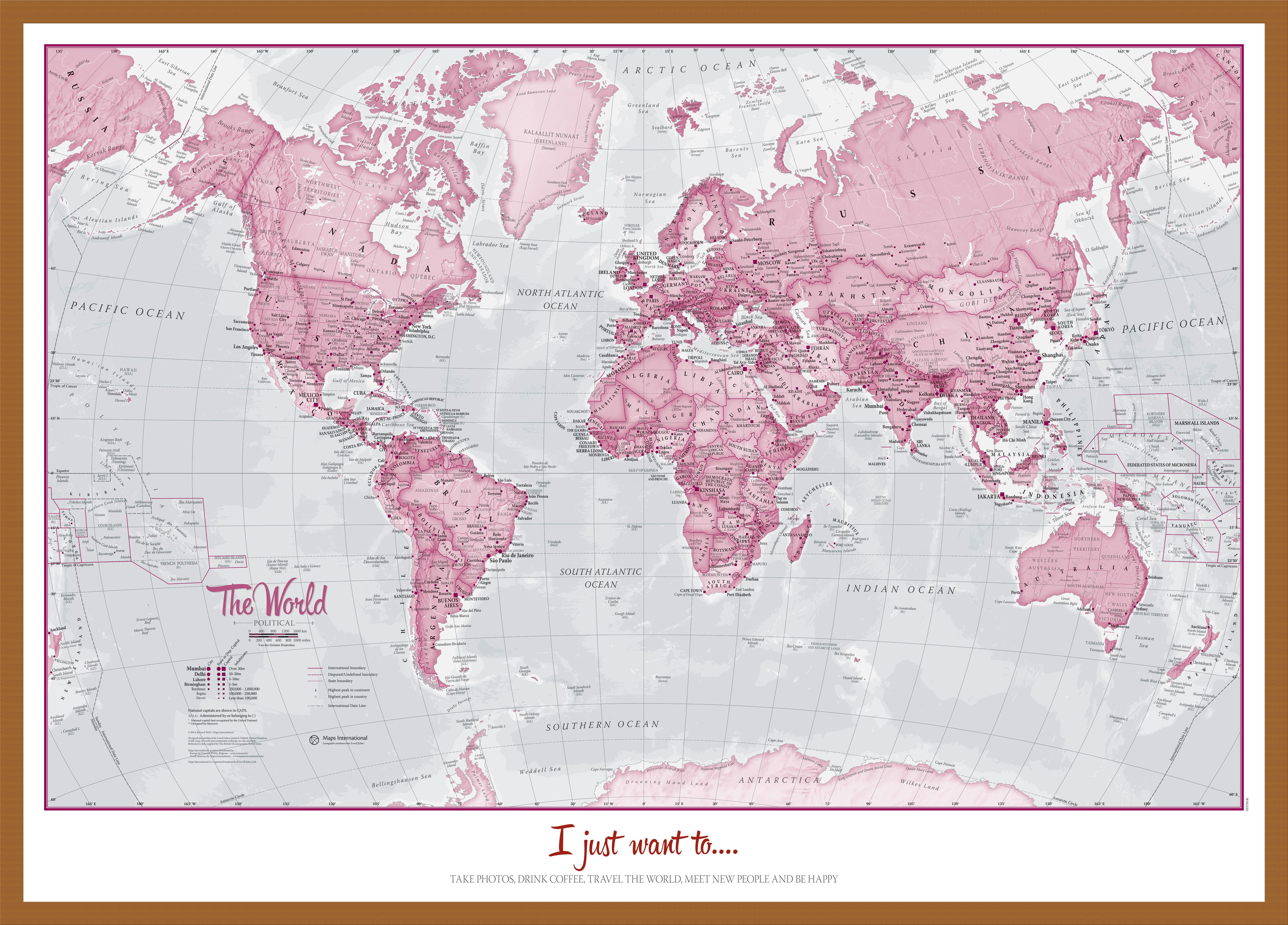 Personalised World Is Art Wall Map Pink Teak Frame Wdtea