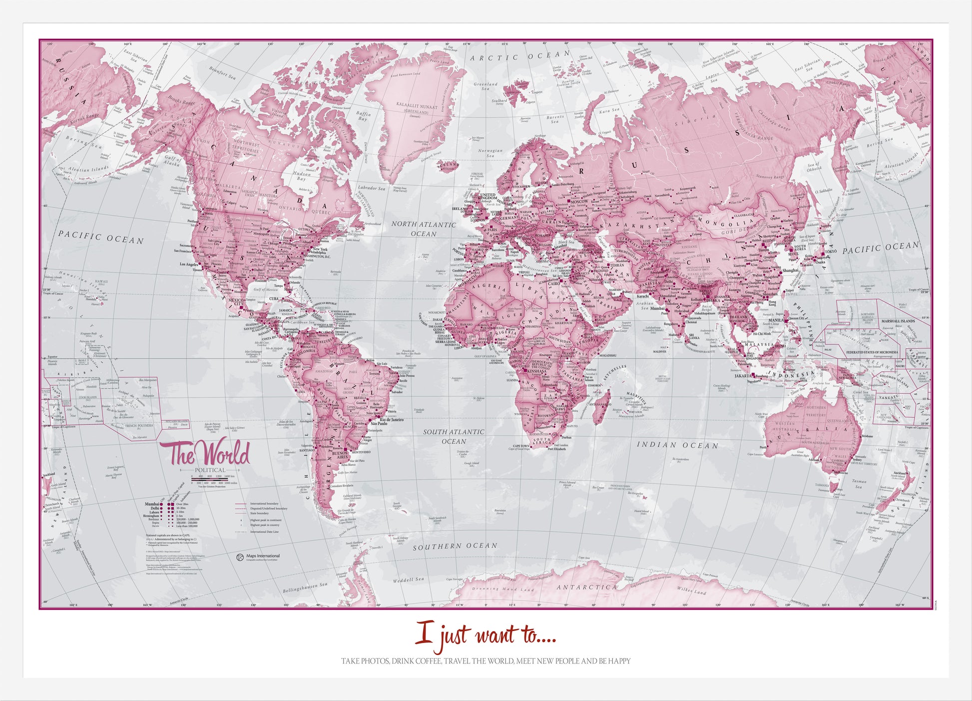 Personalised World Is Art Wall Map Pink White Frame