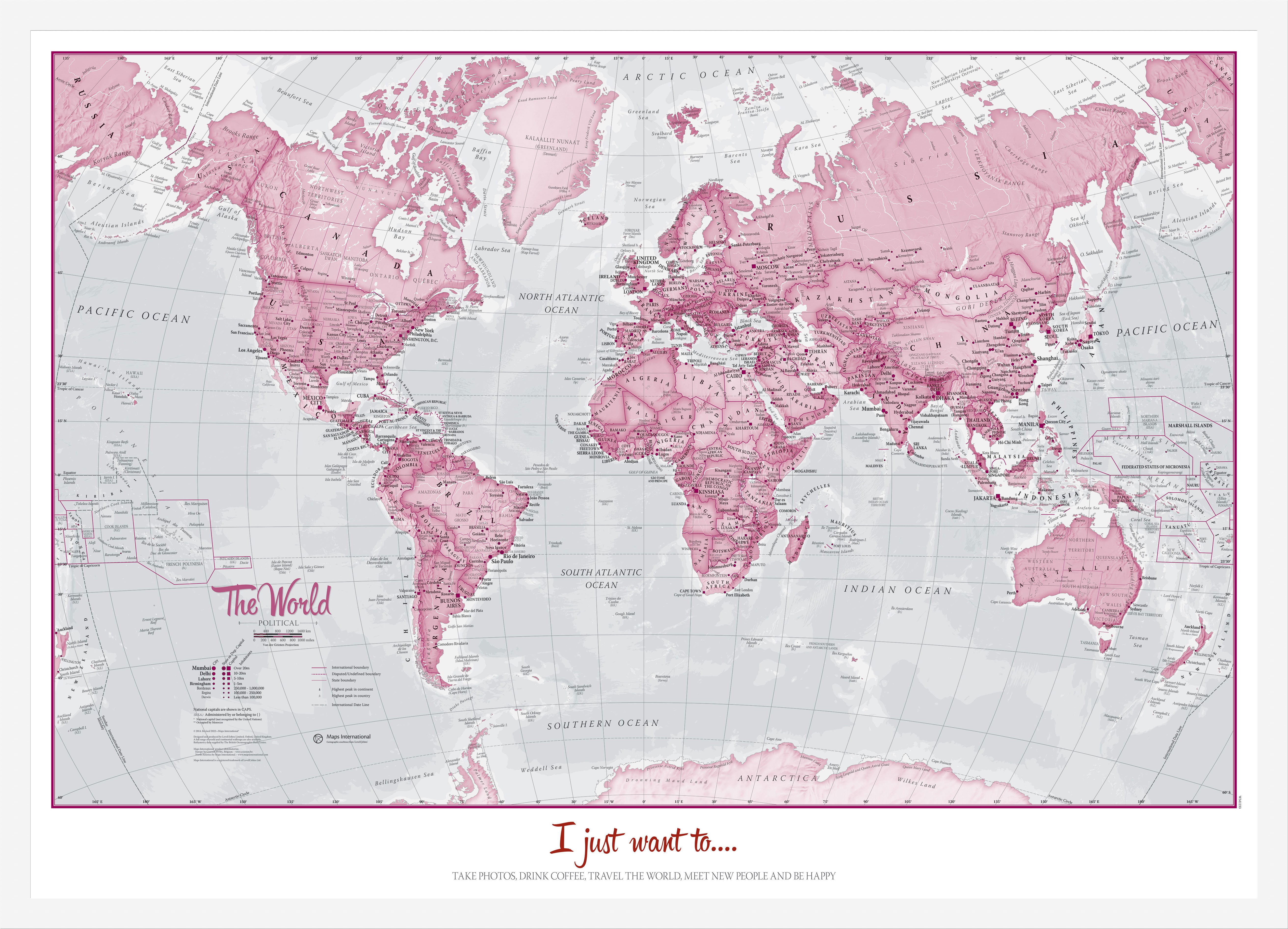 Personalised World Is Art Wall Map Pink White Frame