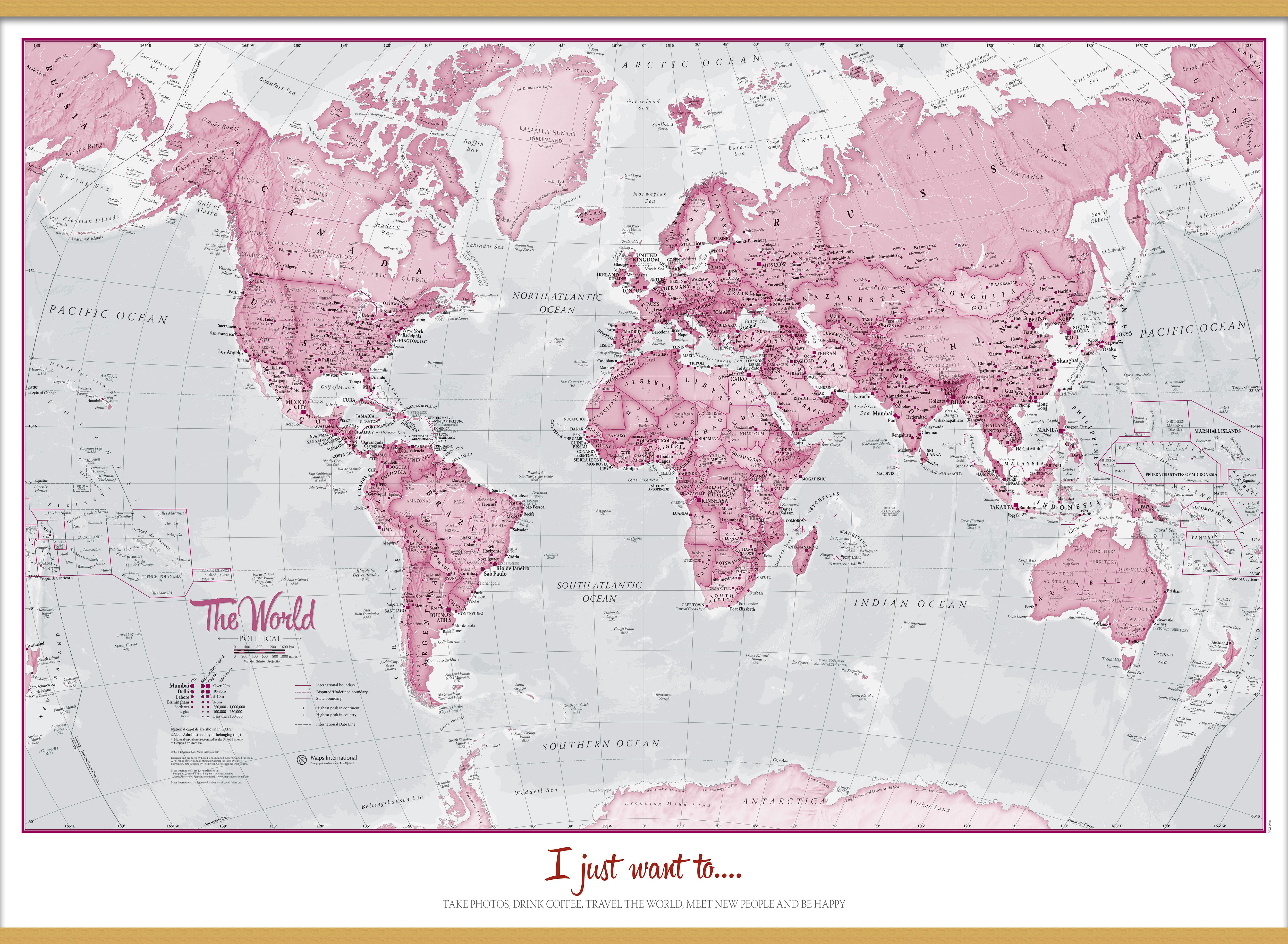 Personalised World Is Art Wall Map Pink Wooden Bars Lwdhb