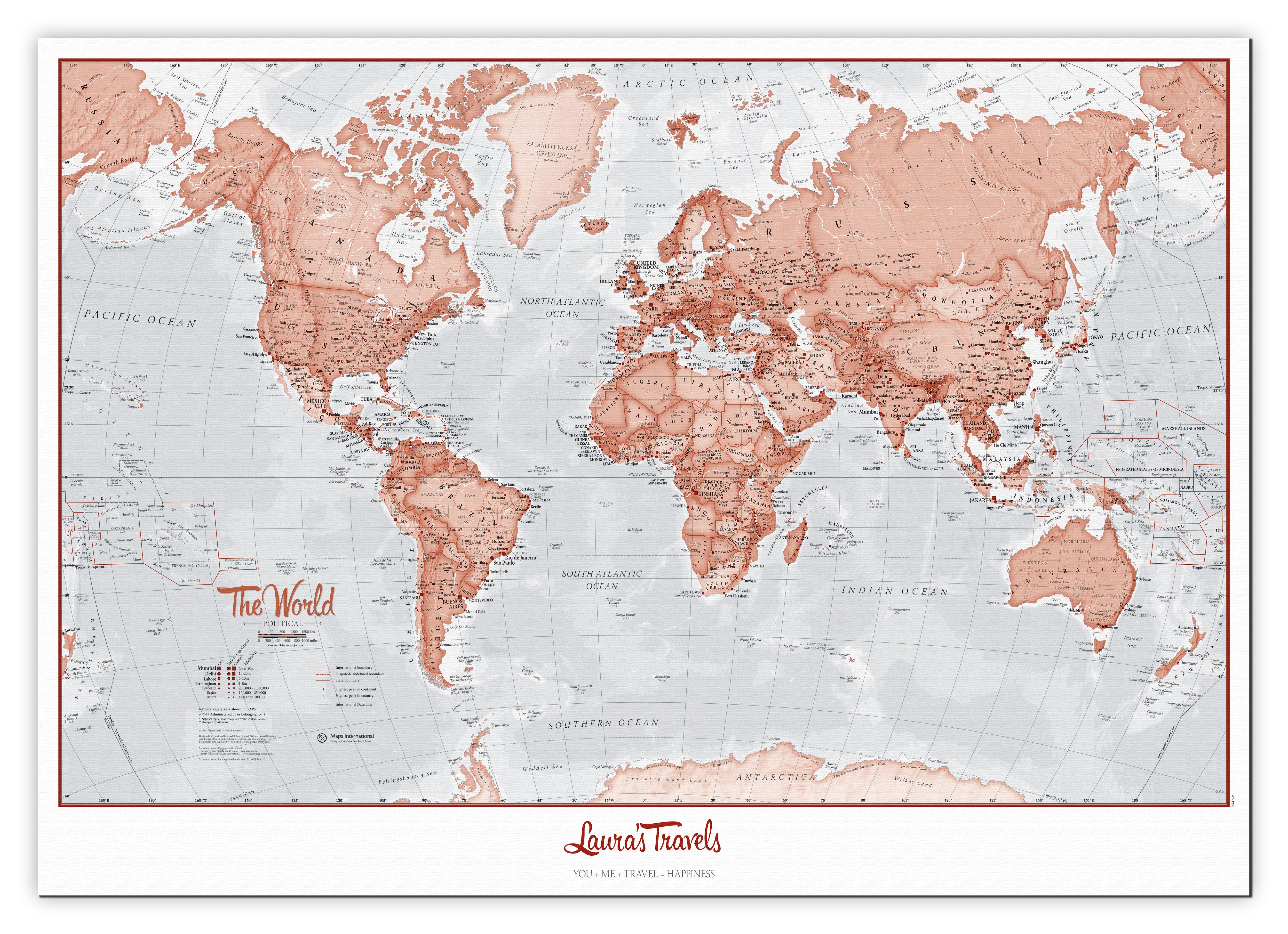 Personalised World Is Art Wall Map Red Canvas Canva