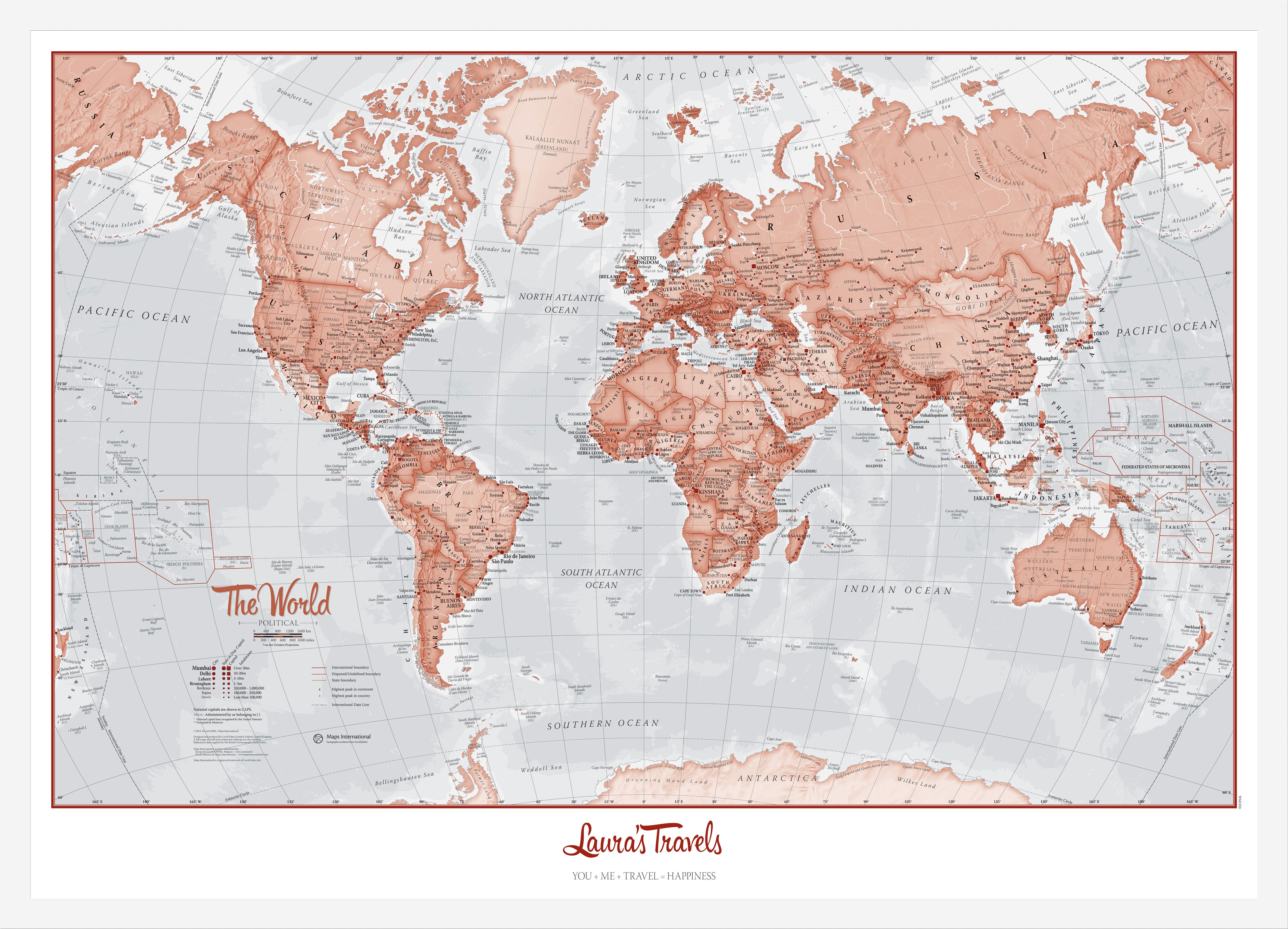 Personalised World Is Art Wall Map Red White Frame