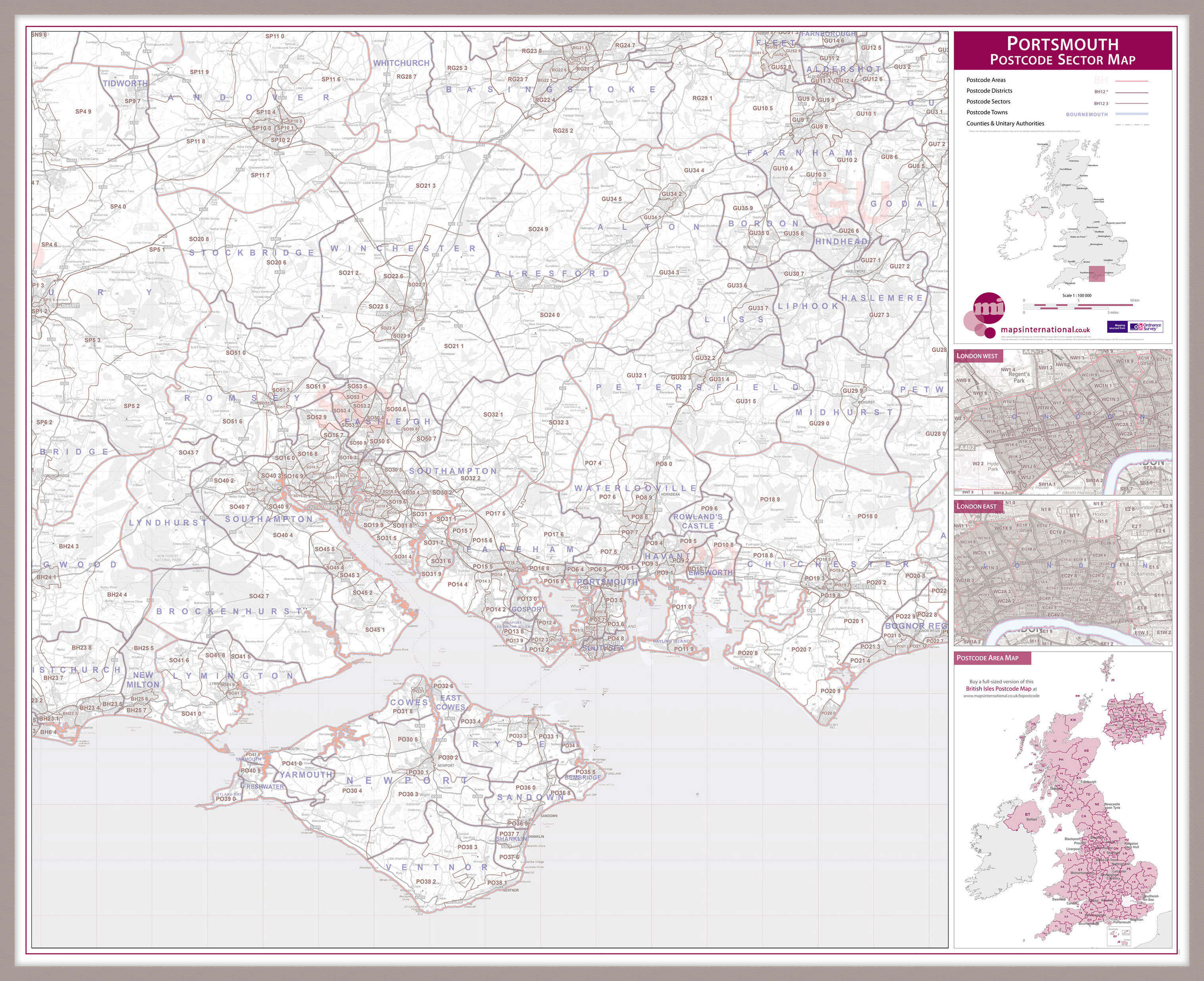 UK00783_L_LBDAL - Portsmouth, Southampton and Isle of Wight Postcode Sector Map