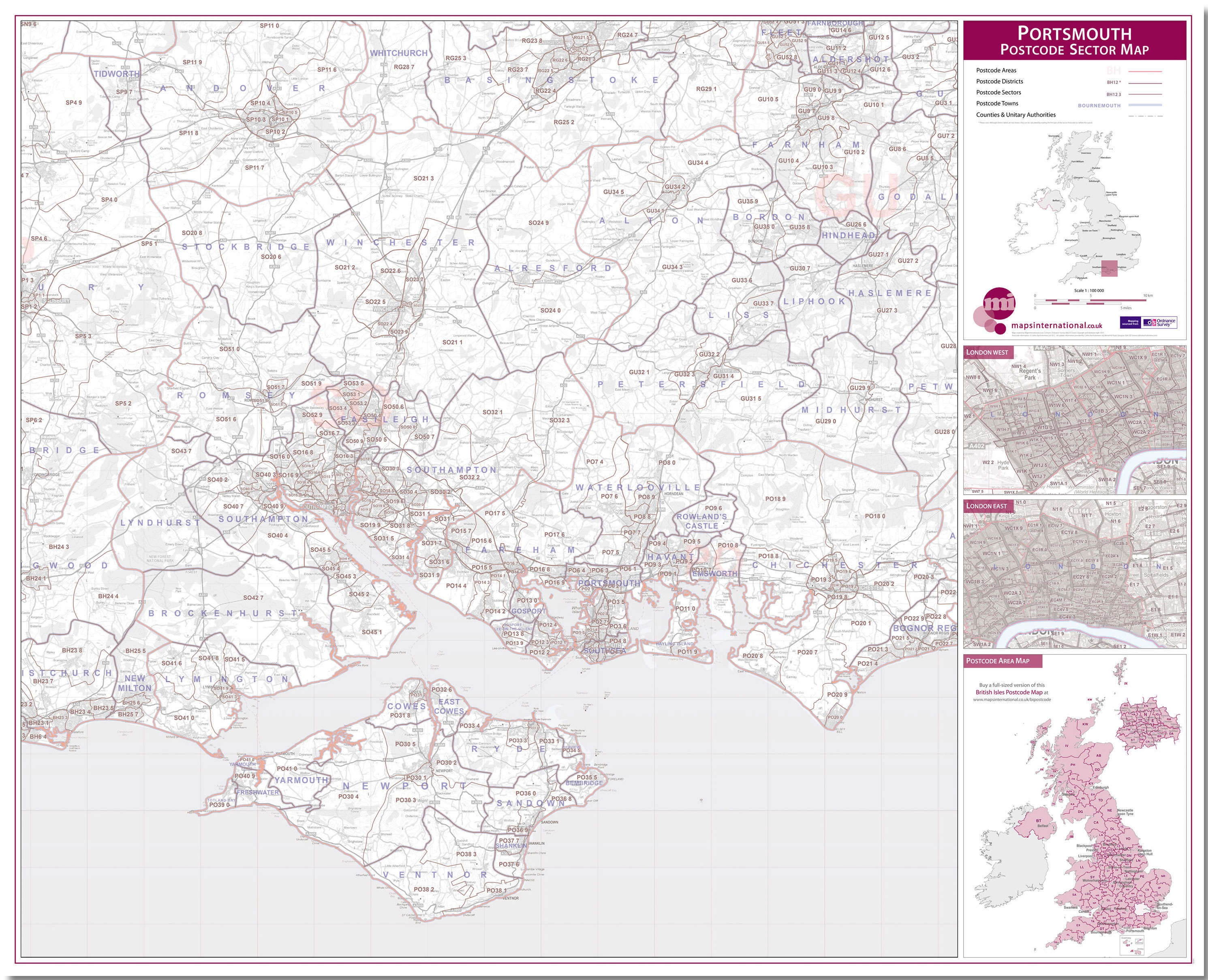 UK00783_L_LMBRD - Portsmouth, Southampton and Isle of Wight Postcode Sector Map