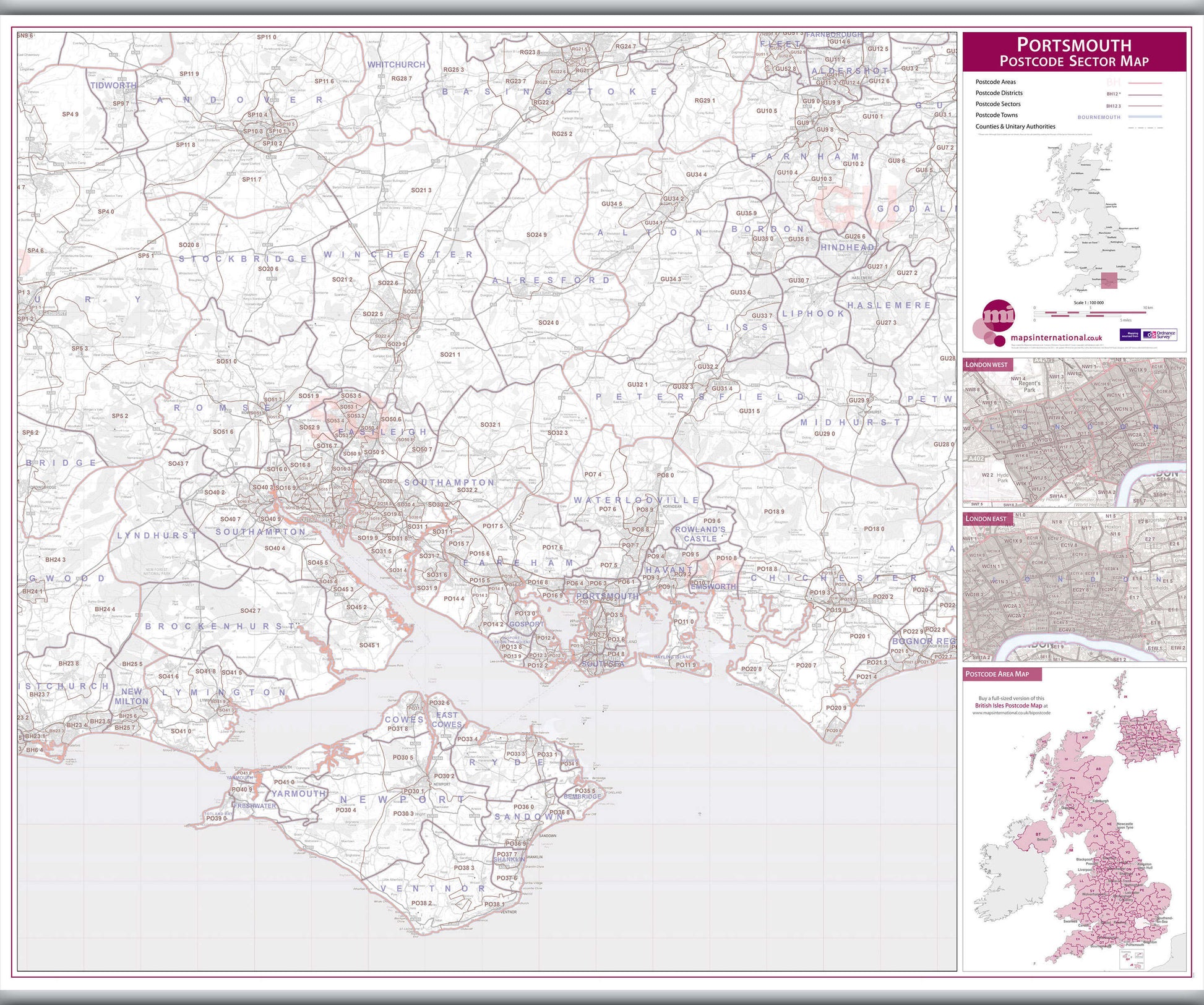 UK00783_L_LAMHB - Portsmouth, Southampton and Isle of Wight Postcode Sector Map