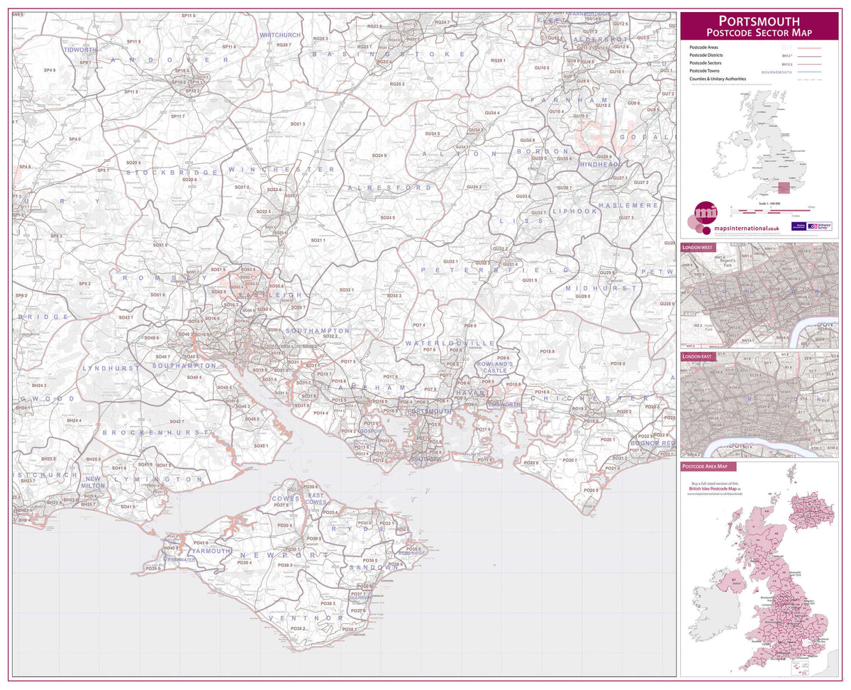 UK00783_L_PAPER Portsmouth Southampton Isle Wight Postcode Sector Map
