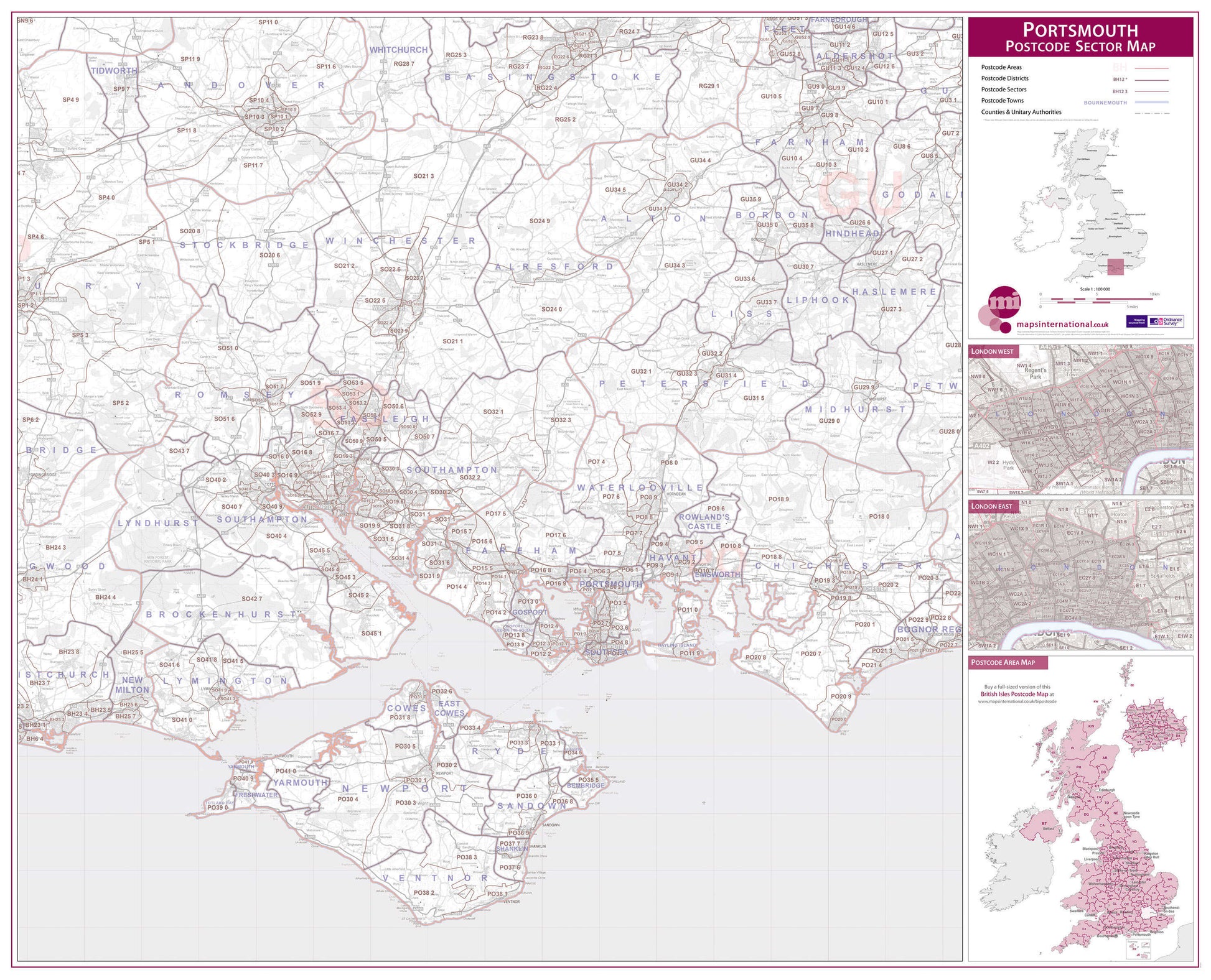 UK00783_L_LAMIN - Portsmouth, Southampton and Isle of Wight Postcode Sector Map