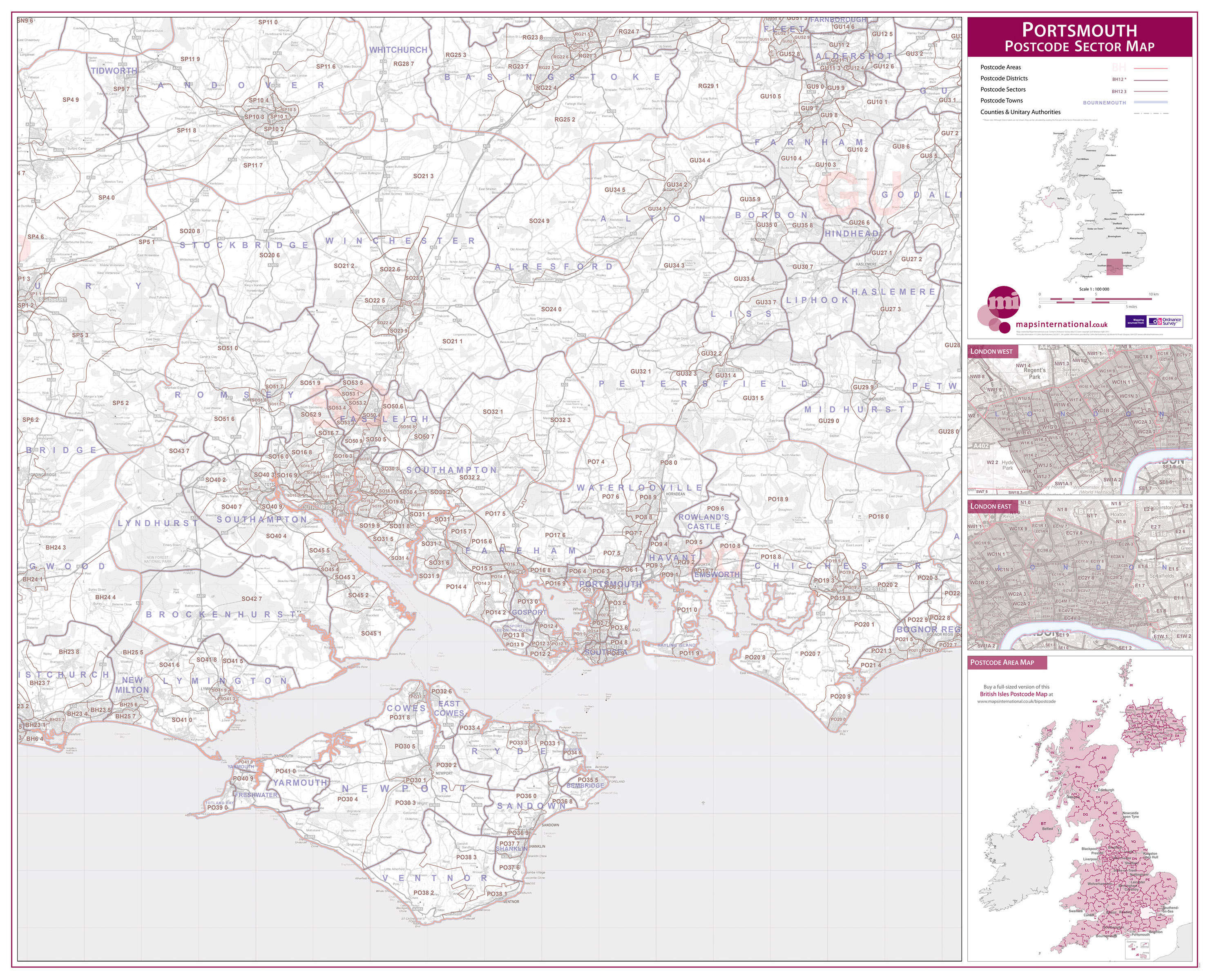 UK00783_L_LAMIN - Portsmouth, Southampton and Isle of Wight Postcode Sector Map
