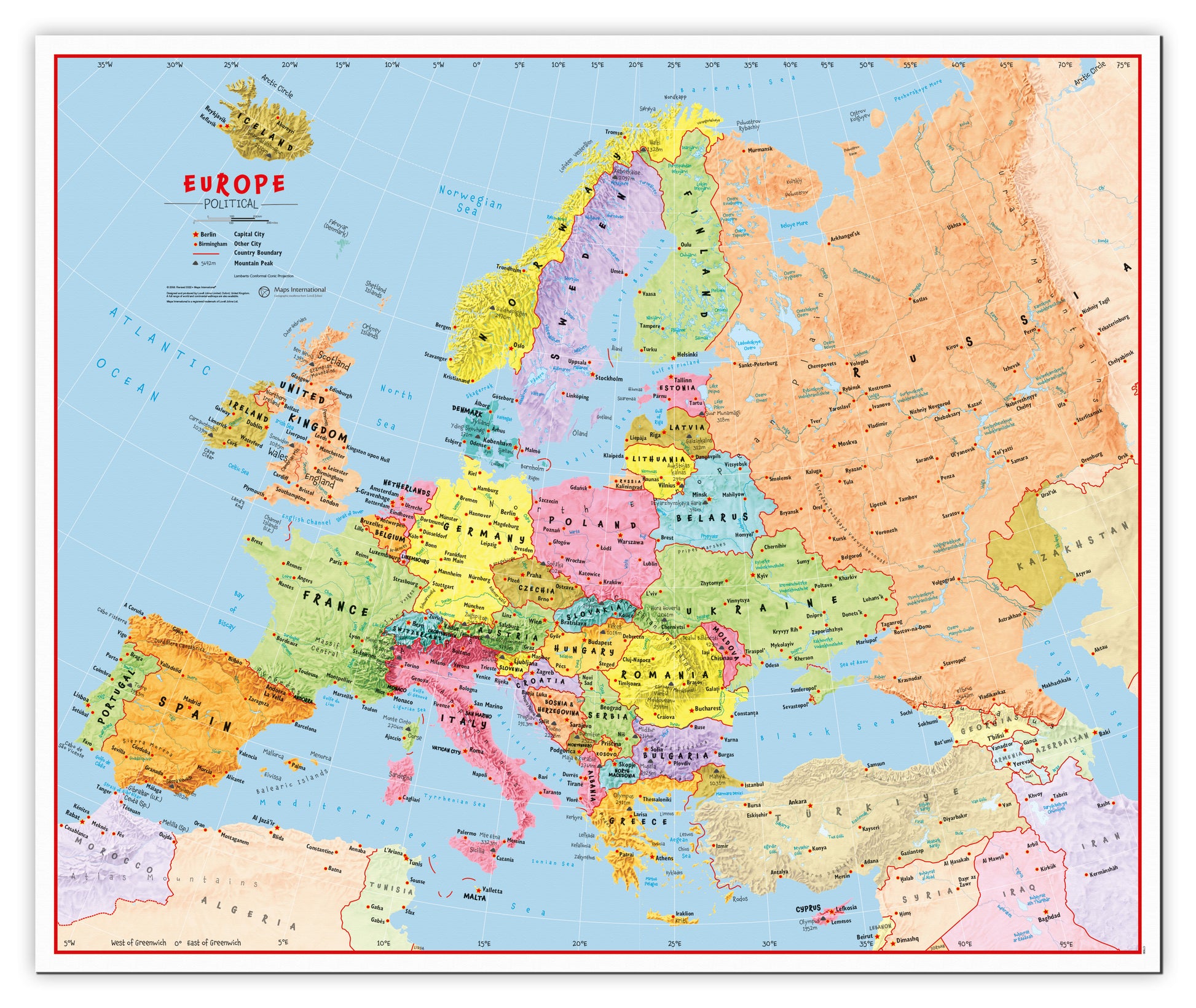 Primary Europe Wall Map Political Canvas Canva