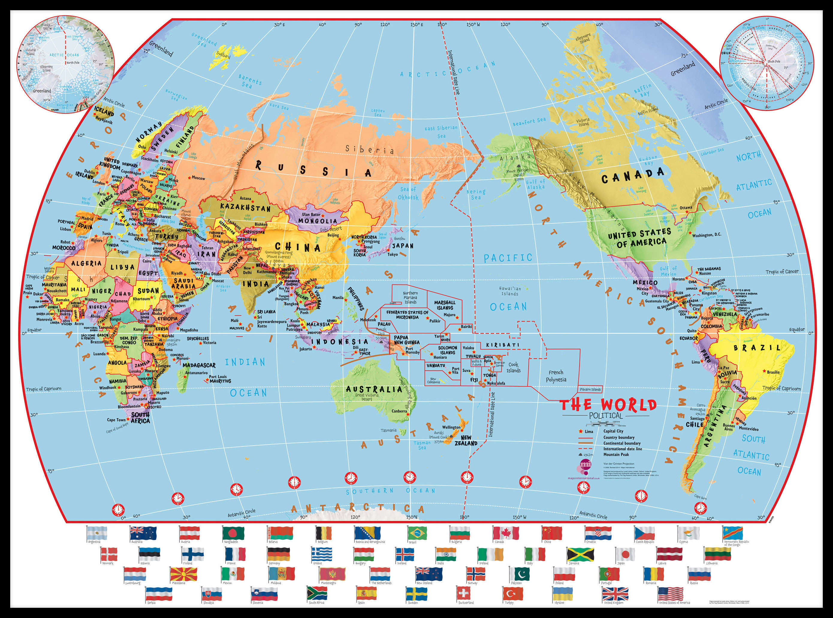 WM00455_L_LBDBL - Primary Pacific Centred World Wall Map Political with flags