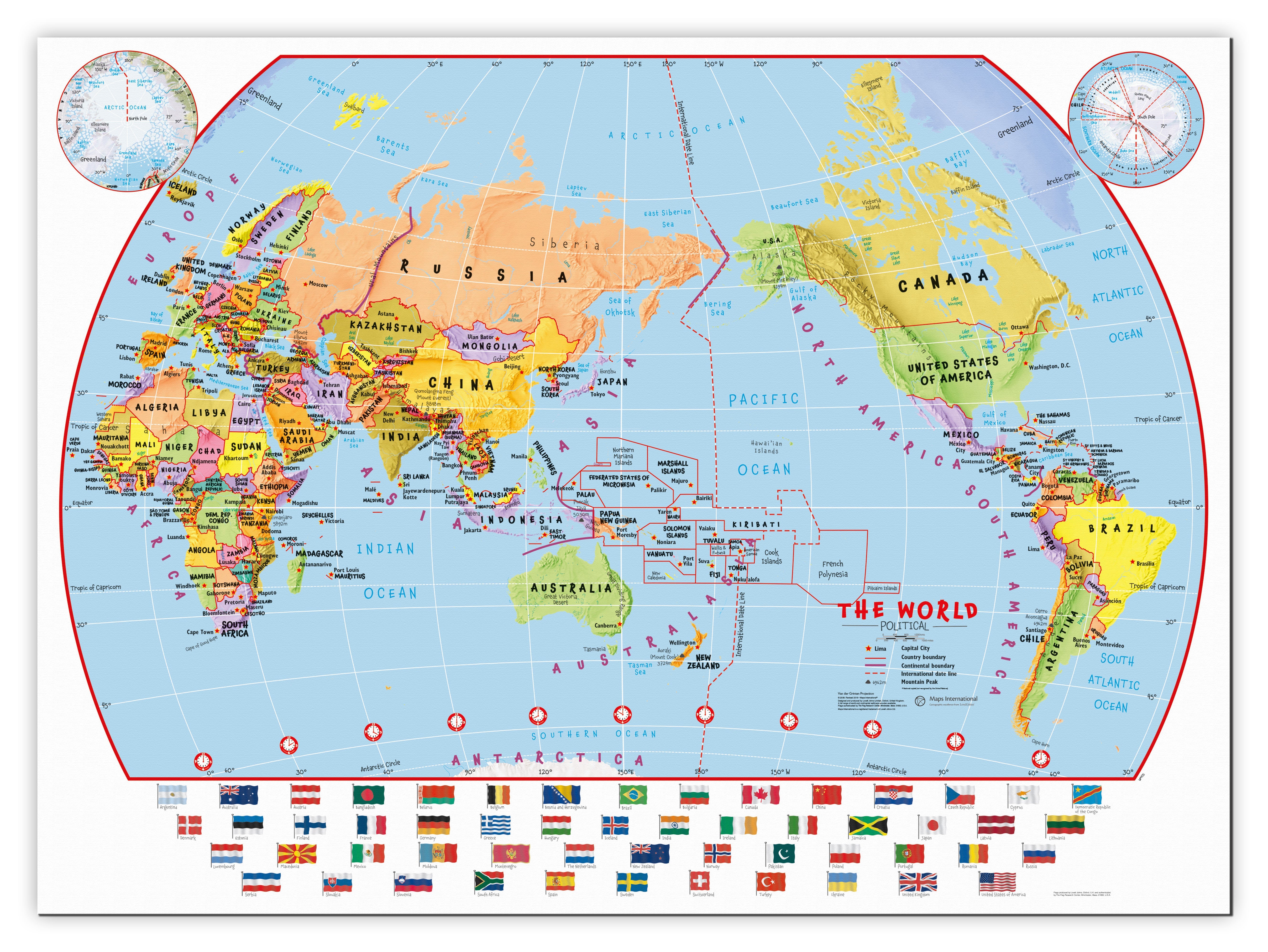 WM00455_L_CANVA - Primary Pacific Centred World Wall Map Political with flags