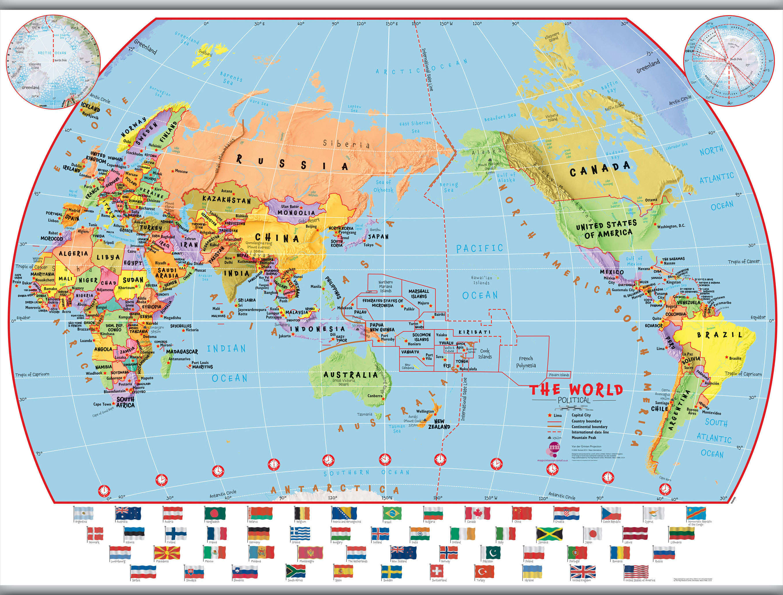 WM00455_L_CANHB - Primary Pacific Centred World Wall Map Political with flags