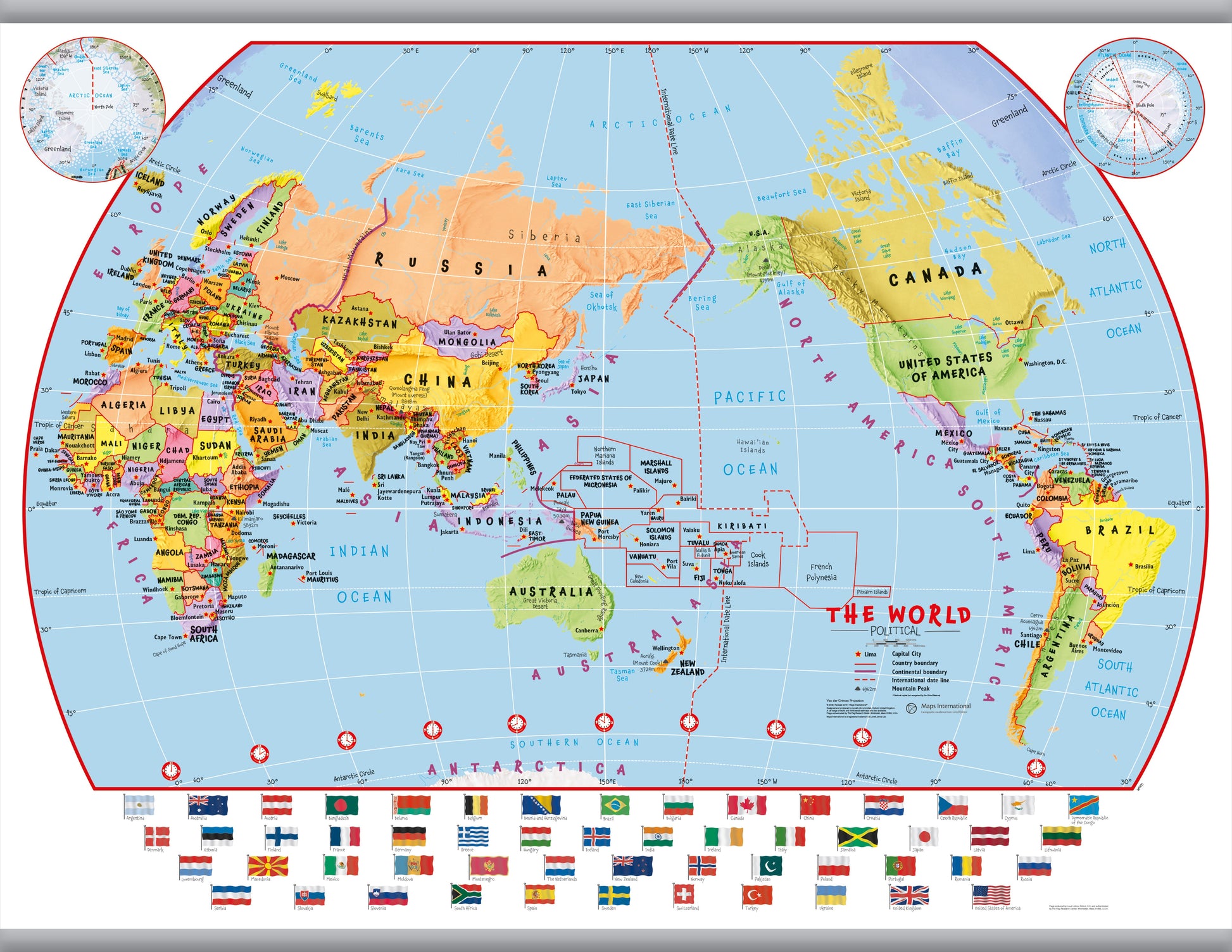 WM00455_L_LAMHB - Primary Pacific Centred World Wall Map Political with flags