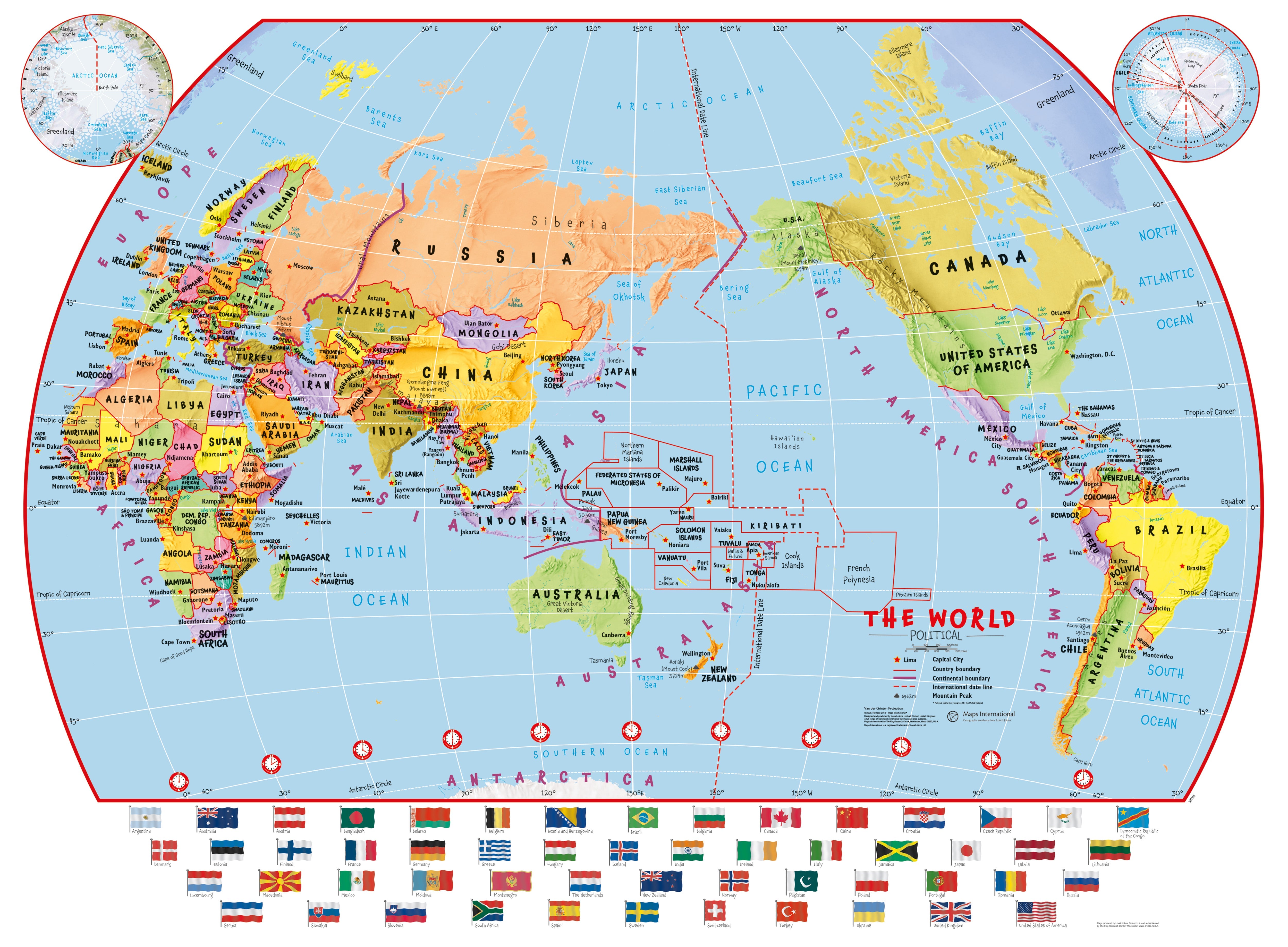 WM00455_L_LAMIN - Primary Pacific Centred World Wall Map Political with flags
