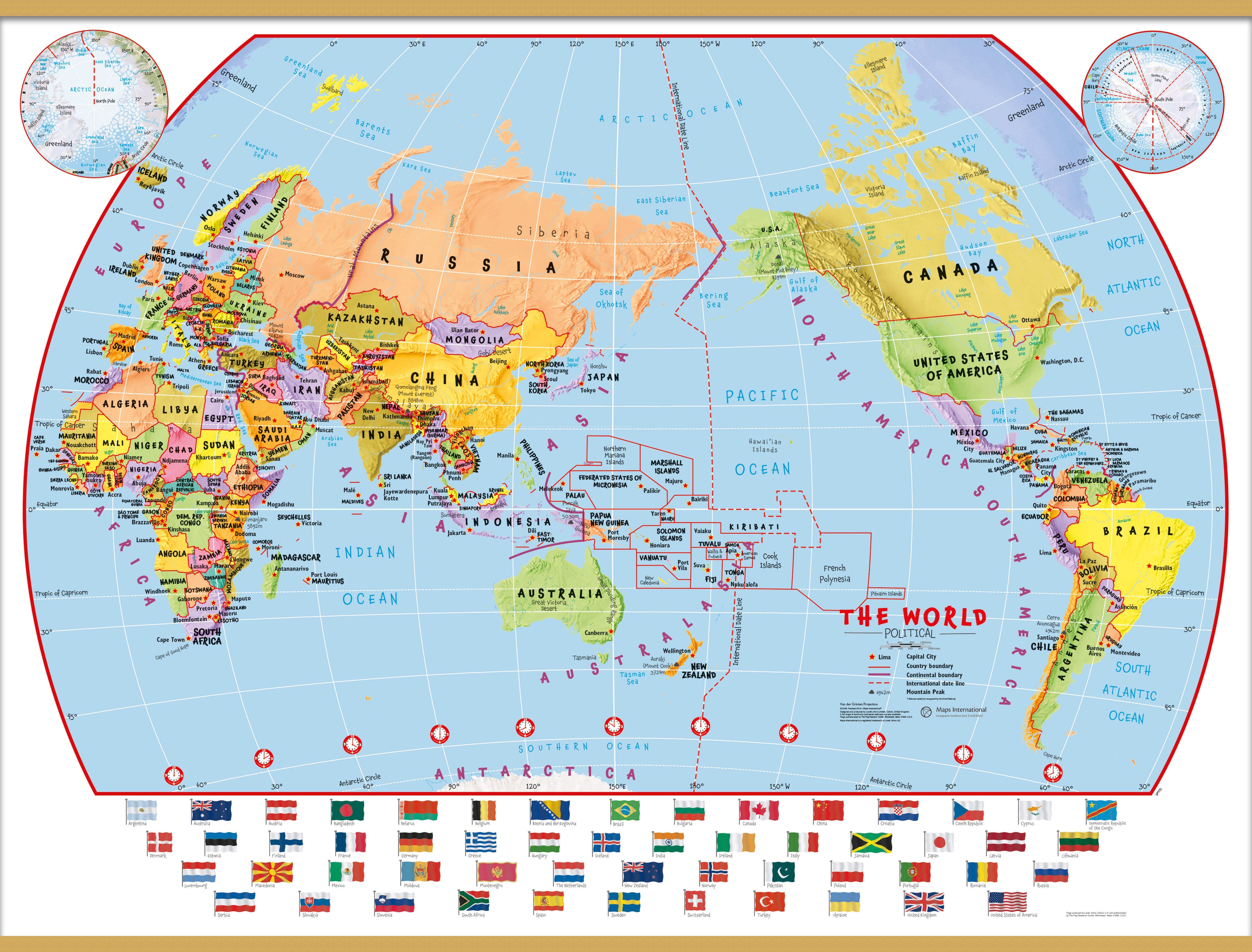WM00455_L_LWDHB - Primary Pacific Centred World Wall Map Political with flags