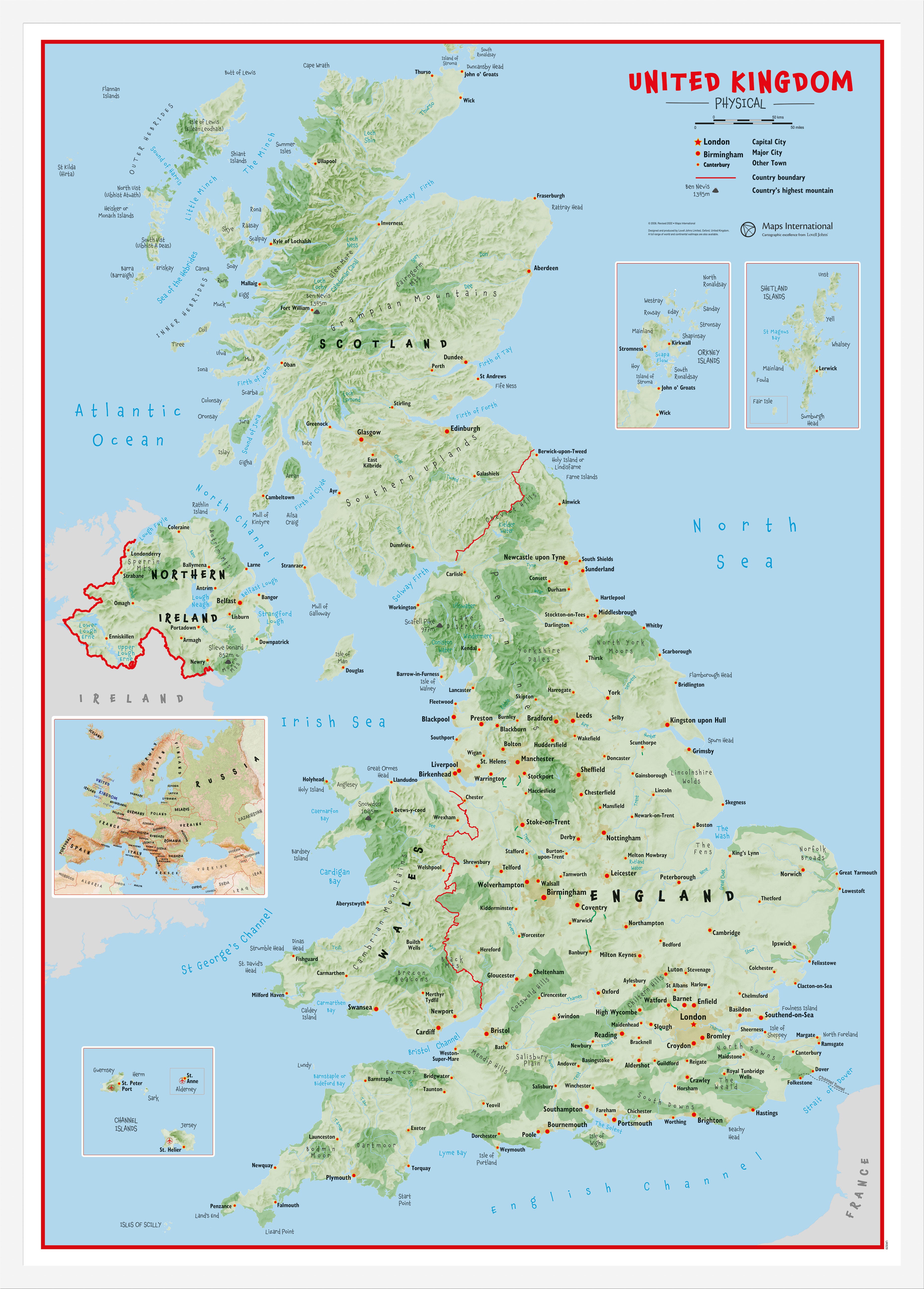 Primary Uk Wall Map Physical White Frame