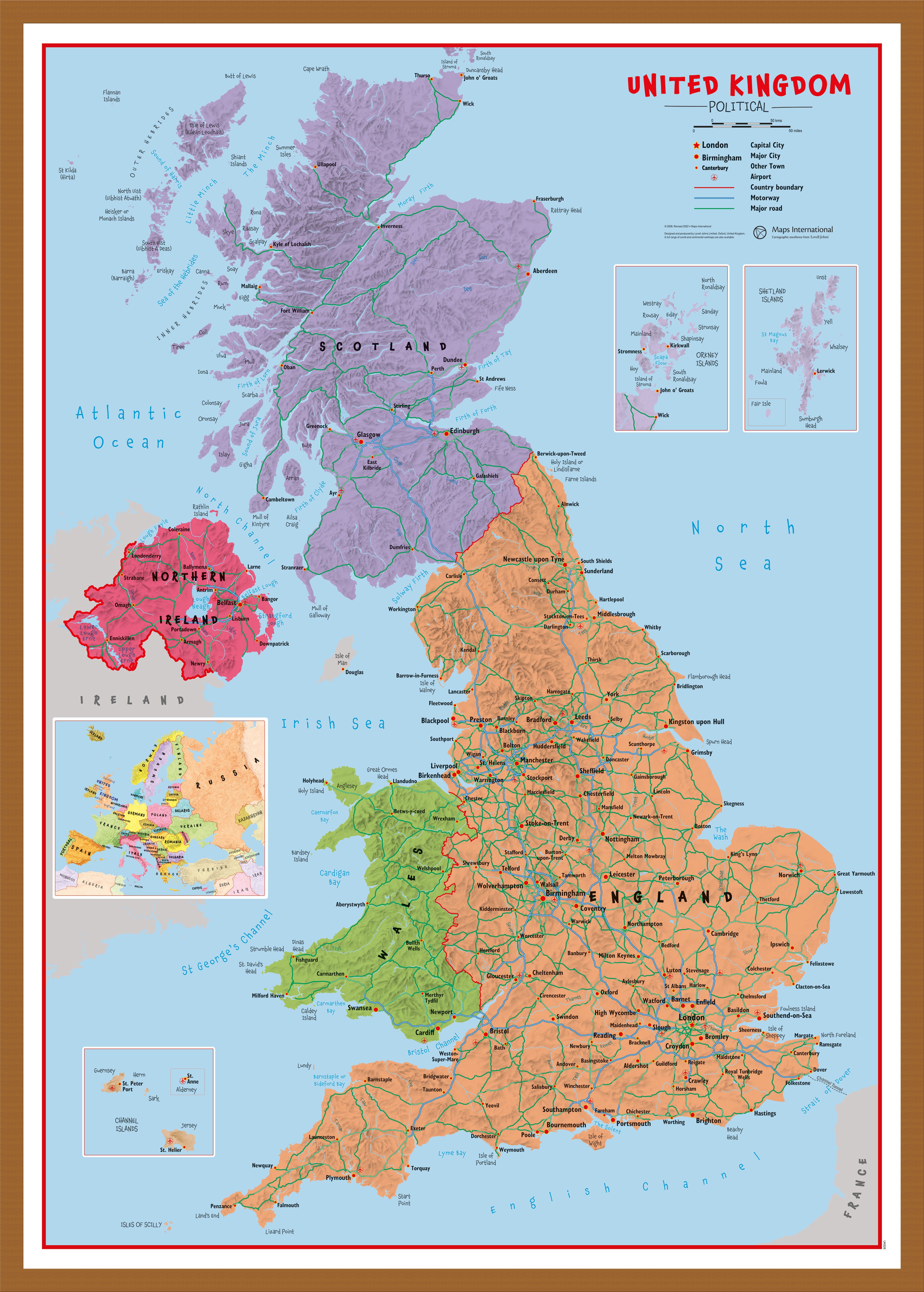 Primary Uk Wall Map Political Teak Frame Wdtea