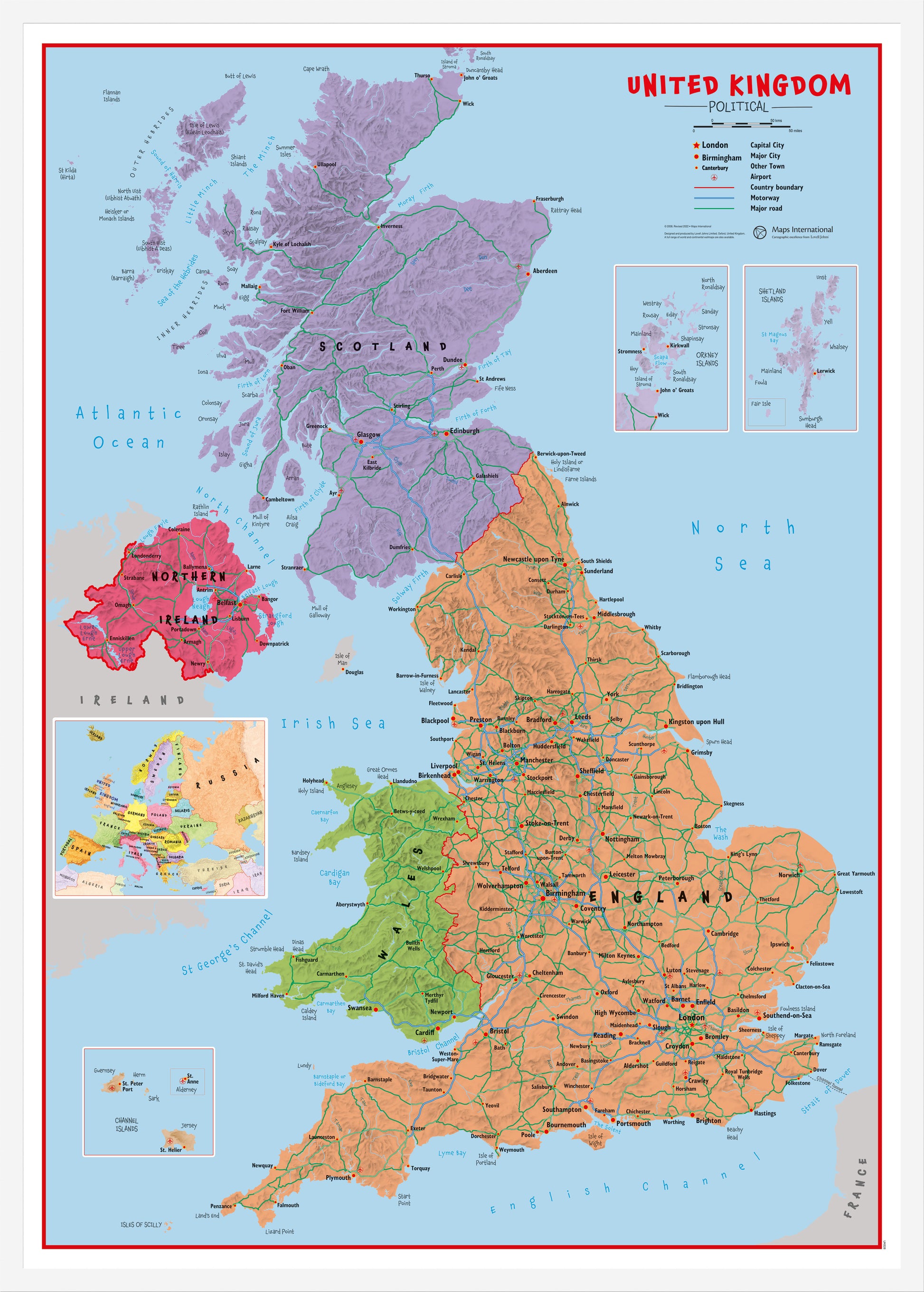 Primary Uk Wall Map Political White Frame