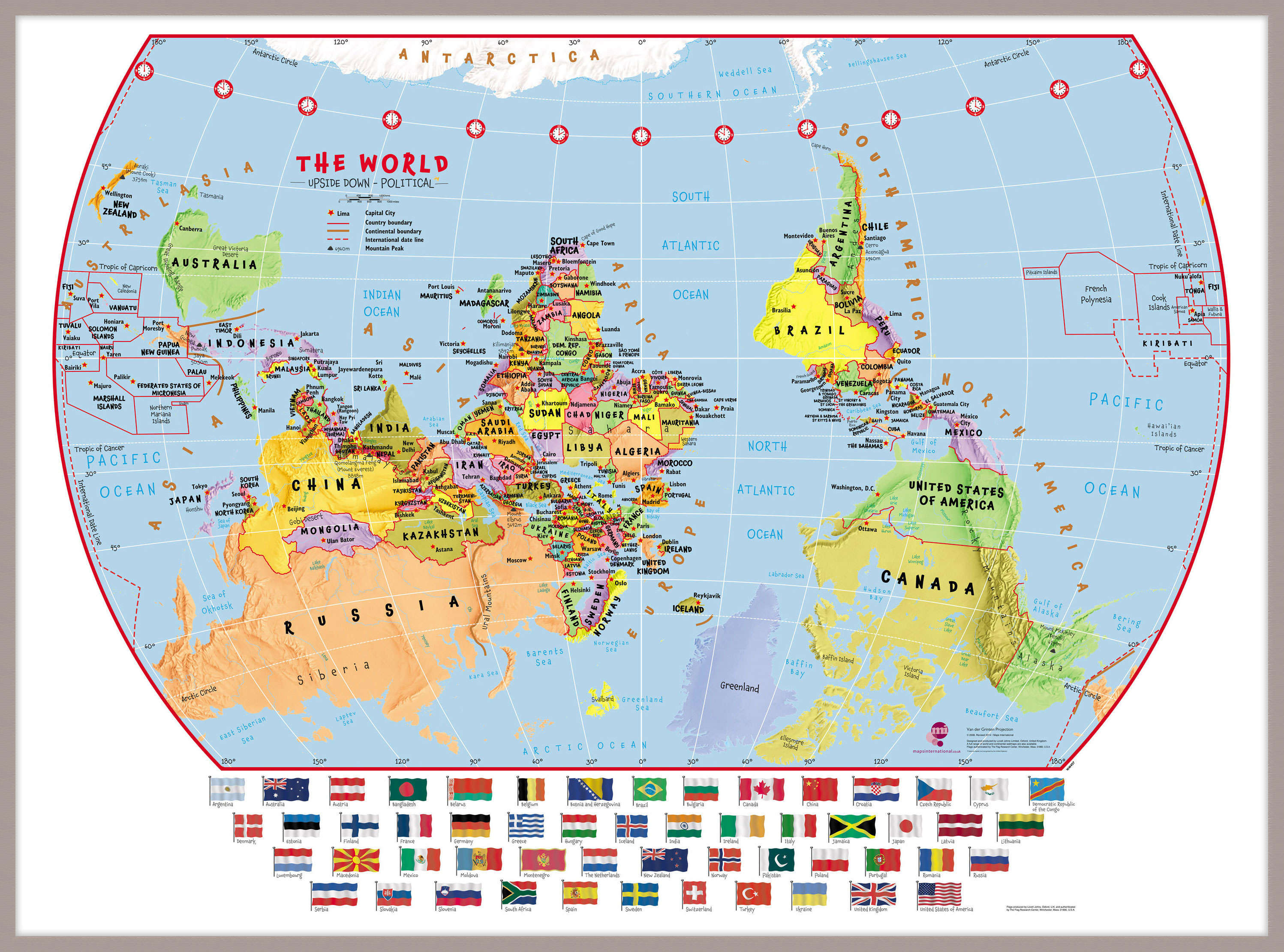 WM00457_L_LBDAL - Primary Upside Down World Wall Map Political with flags