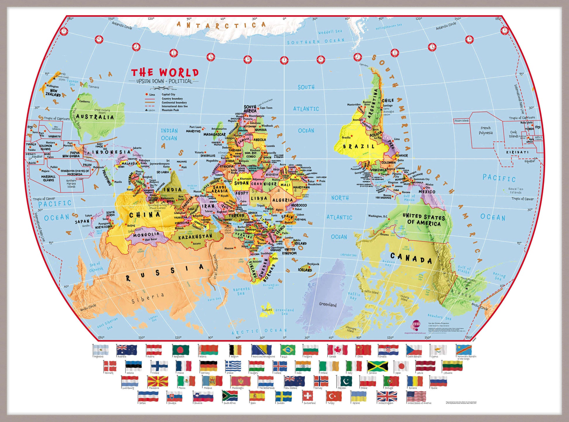 WM00457_L_MGFAL - Primary Upside Down World Wall Map Political with flags