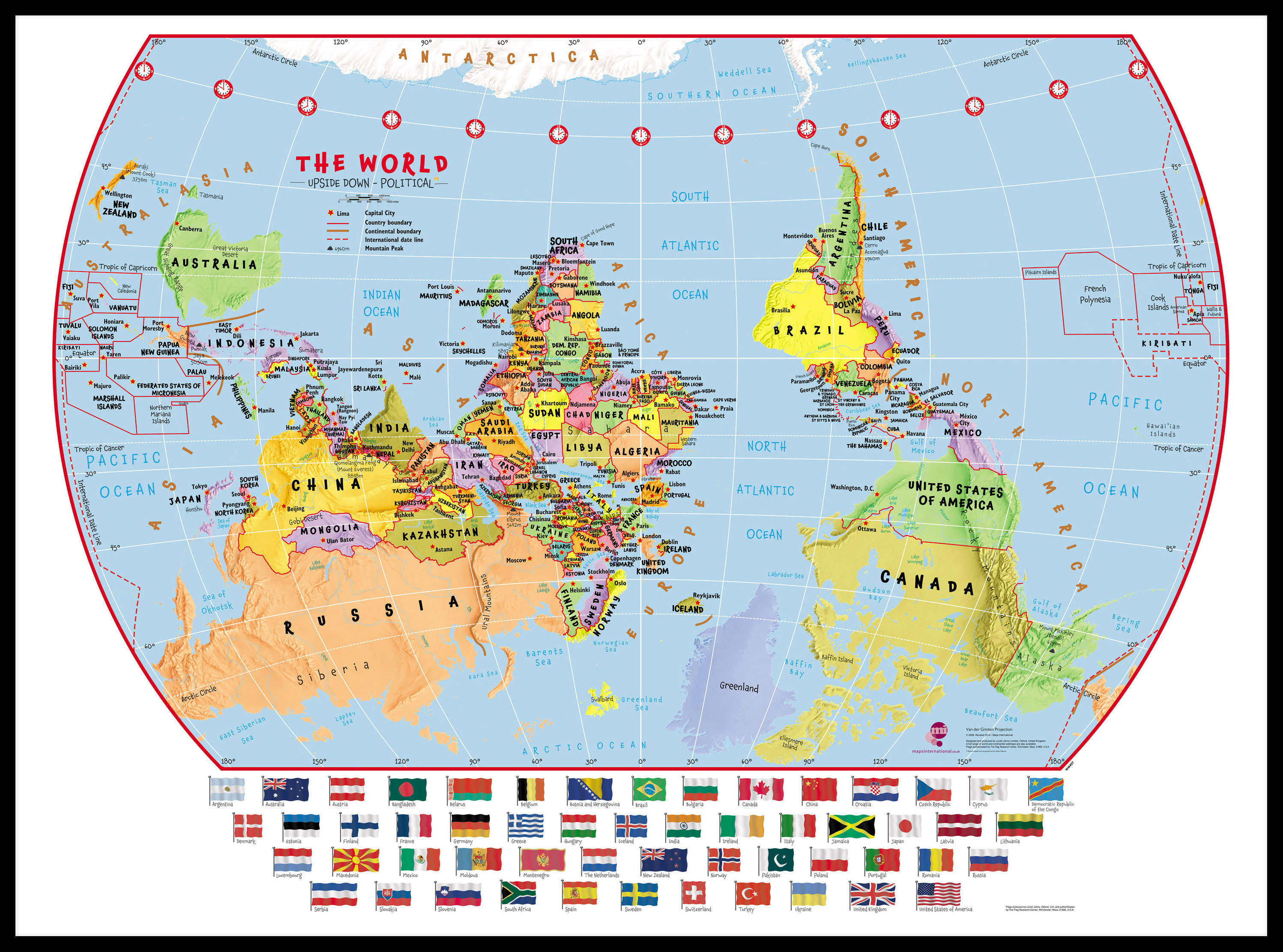 WM00457_L_LBDBL - Primary Upside Down World Wall Map Political with flags