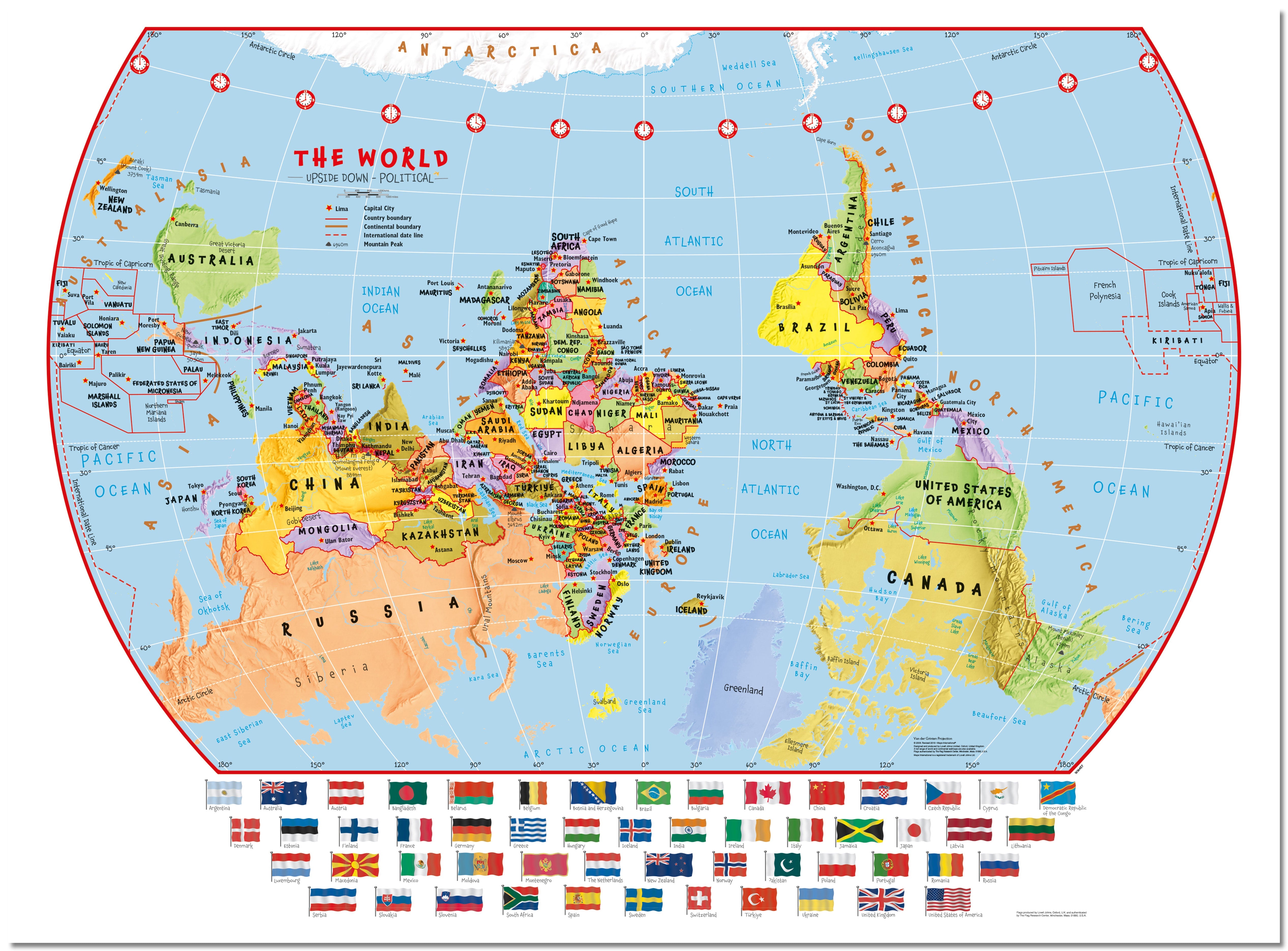 WM00457_L_LMBRD - Primary Upside Down World Wall Map Political with flags