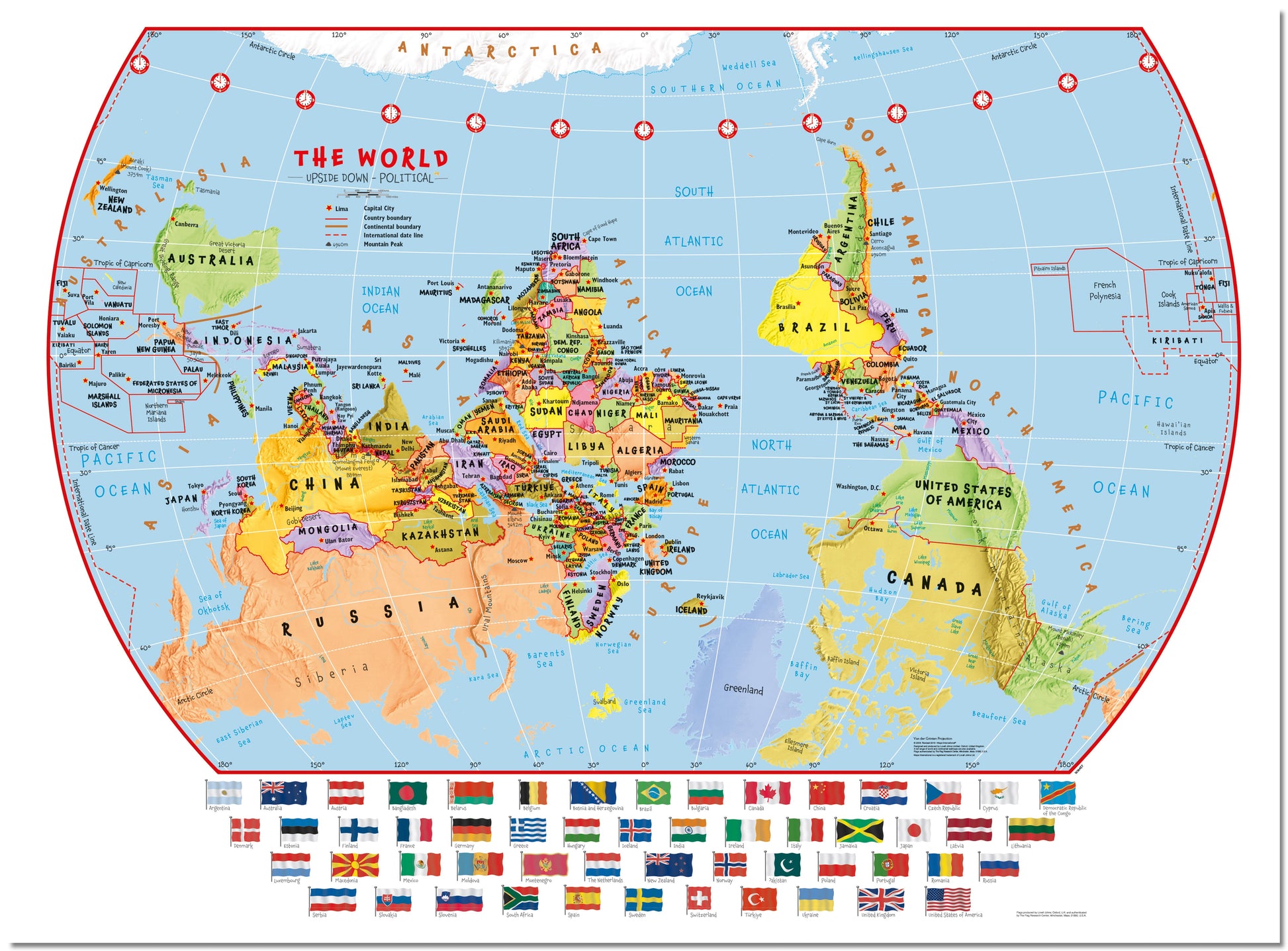 WM00457_L_LMBRD - Primary Upside Down World Wall Map Political with flags