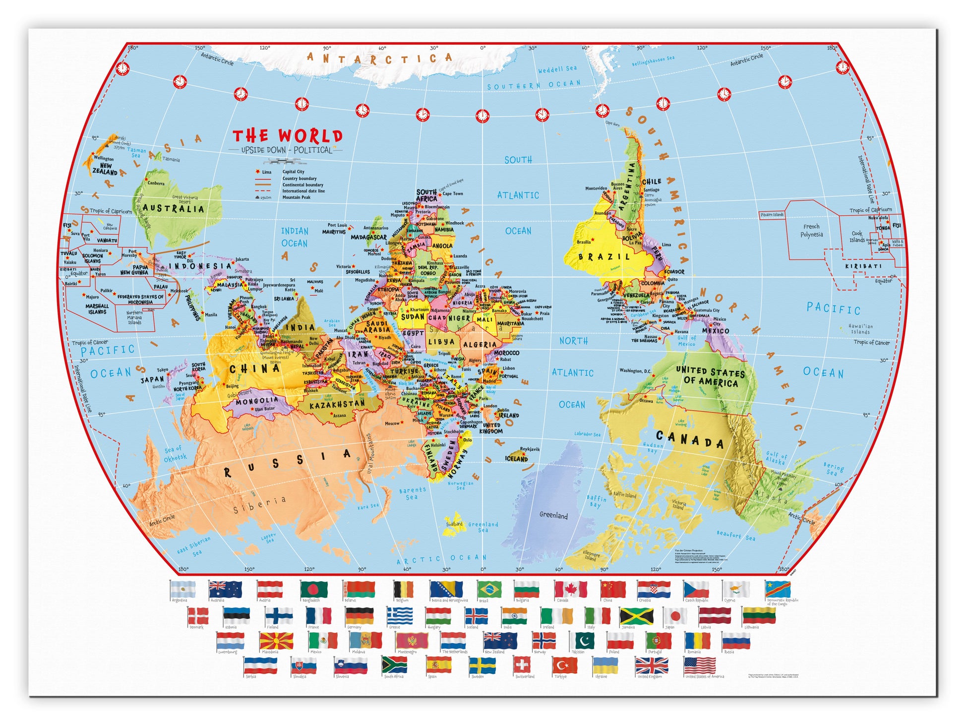 WM00457_L_CANVA - Primary Upside Down World Wall Map Political with flags