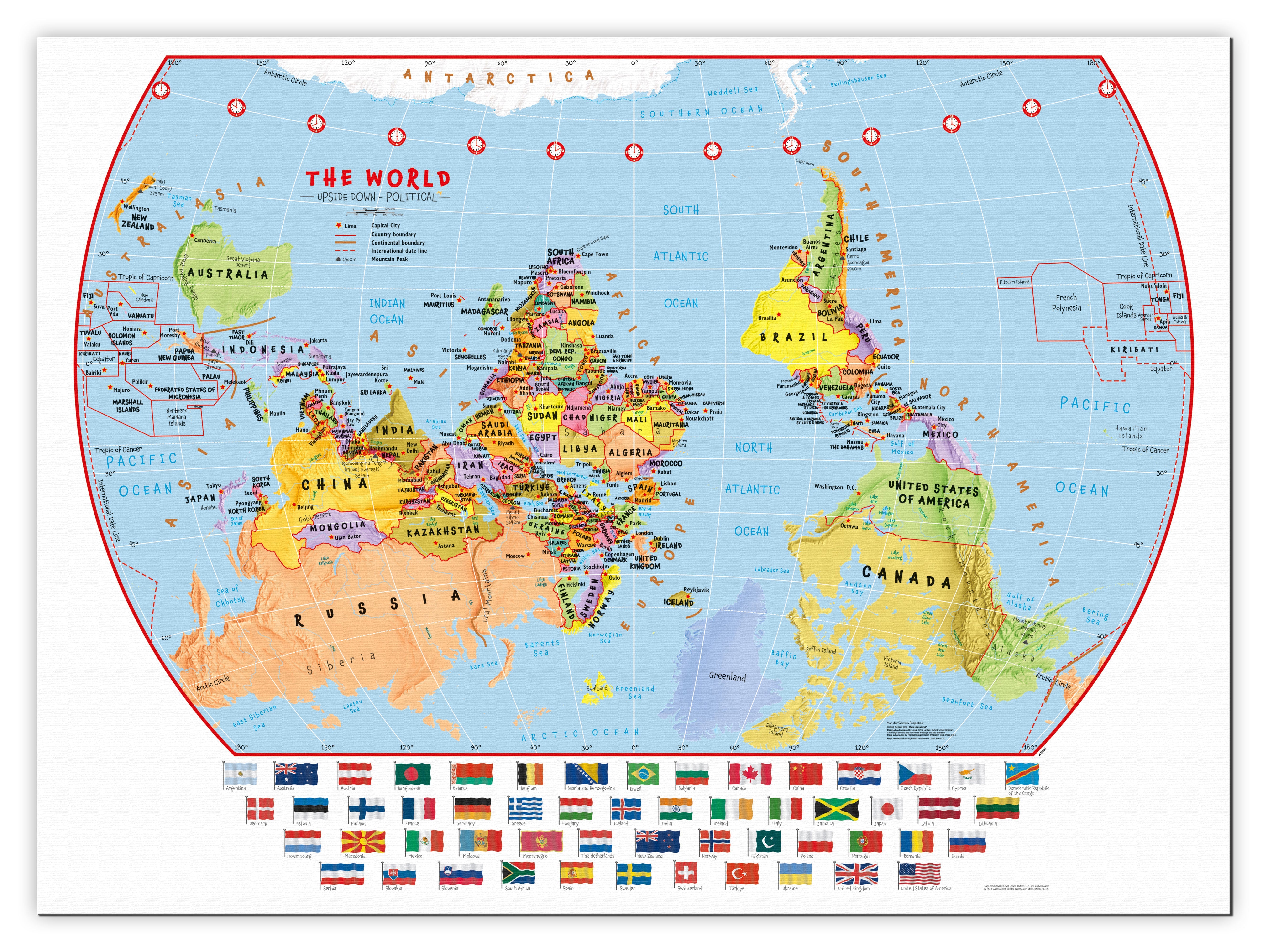 WM00457_L_CANVA - Primary Upside Down World Wall Map Political with flags